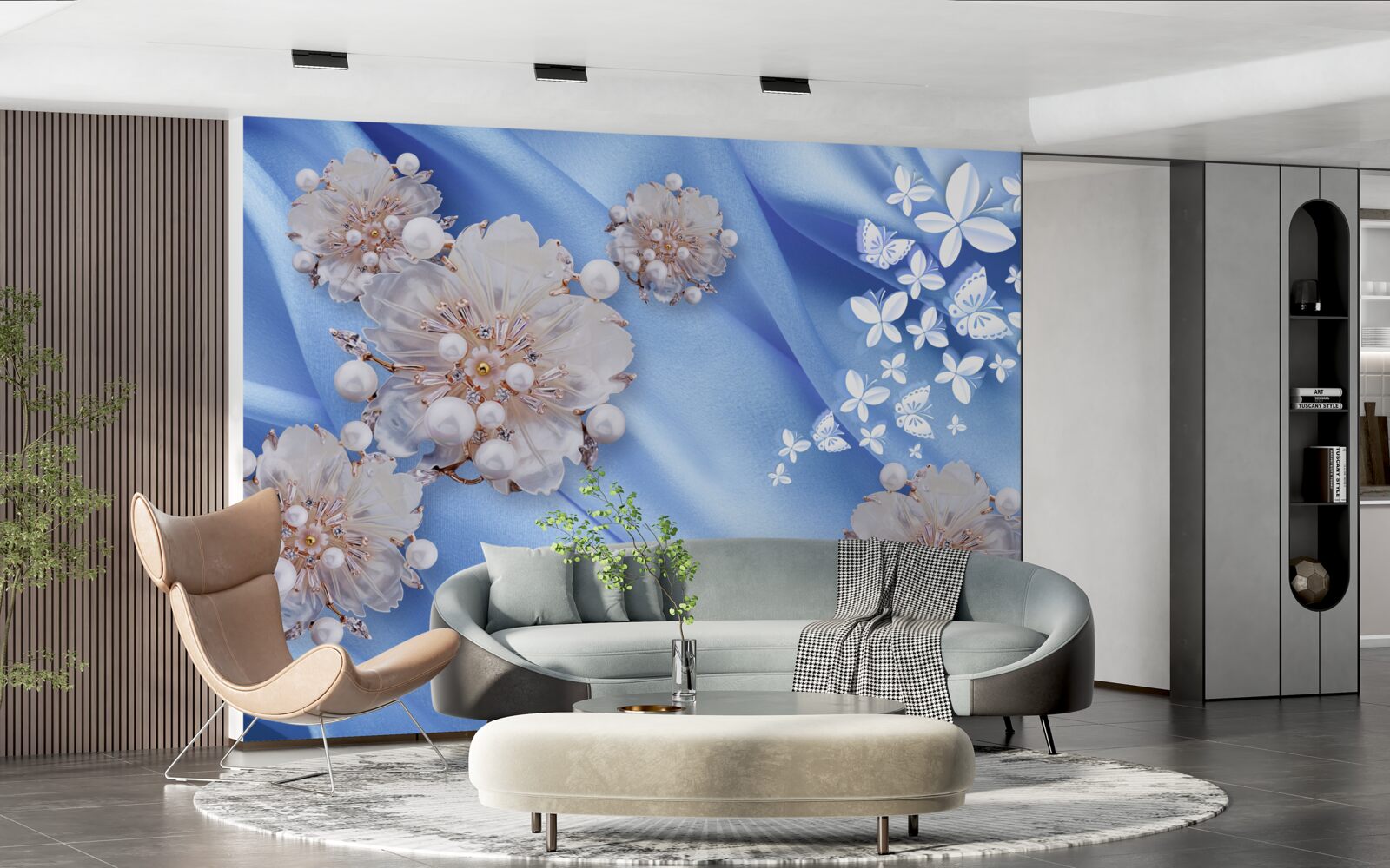 Fototapet fluturi și flori albe pe mătase albastră