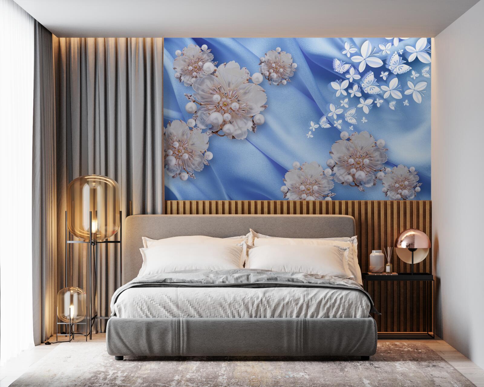 Fototapet fluturi și flori albe pe mătase albastră