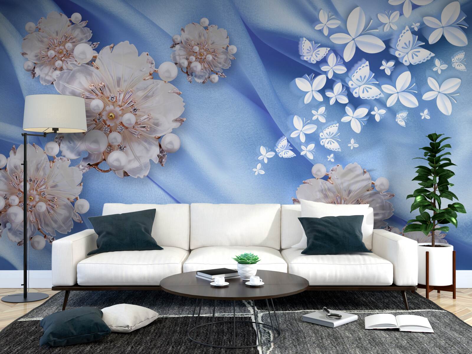 Fototapet fluturi și flori albe pe mătase albastră
