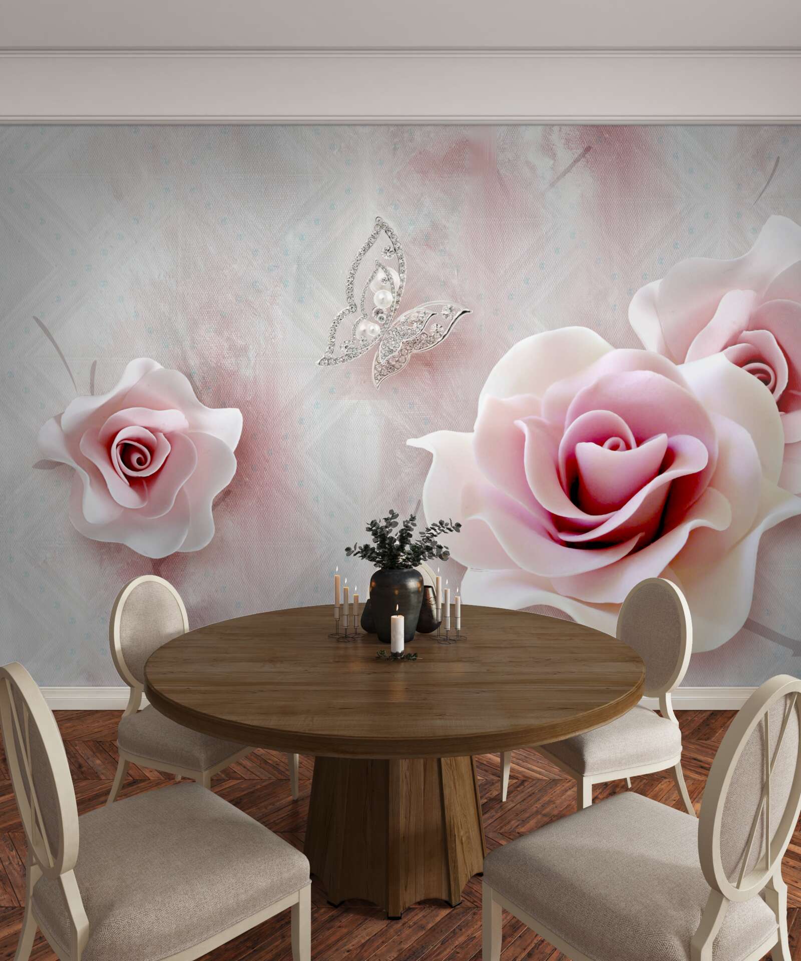 Fototapet fluturi și boboci de trandafir