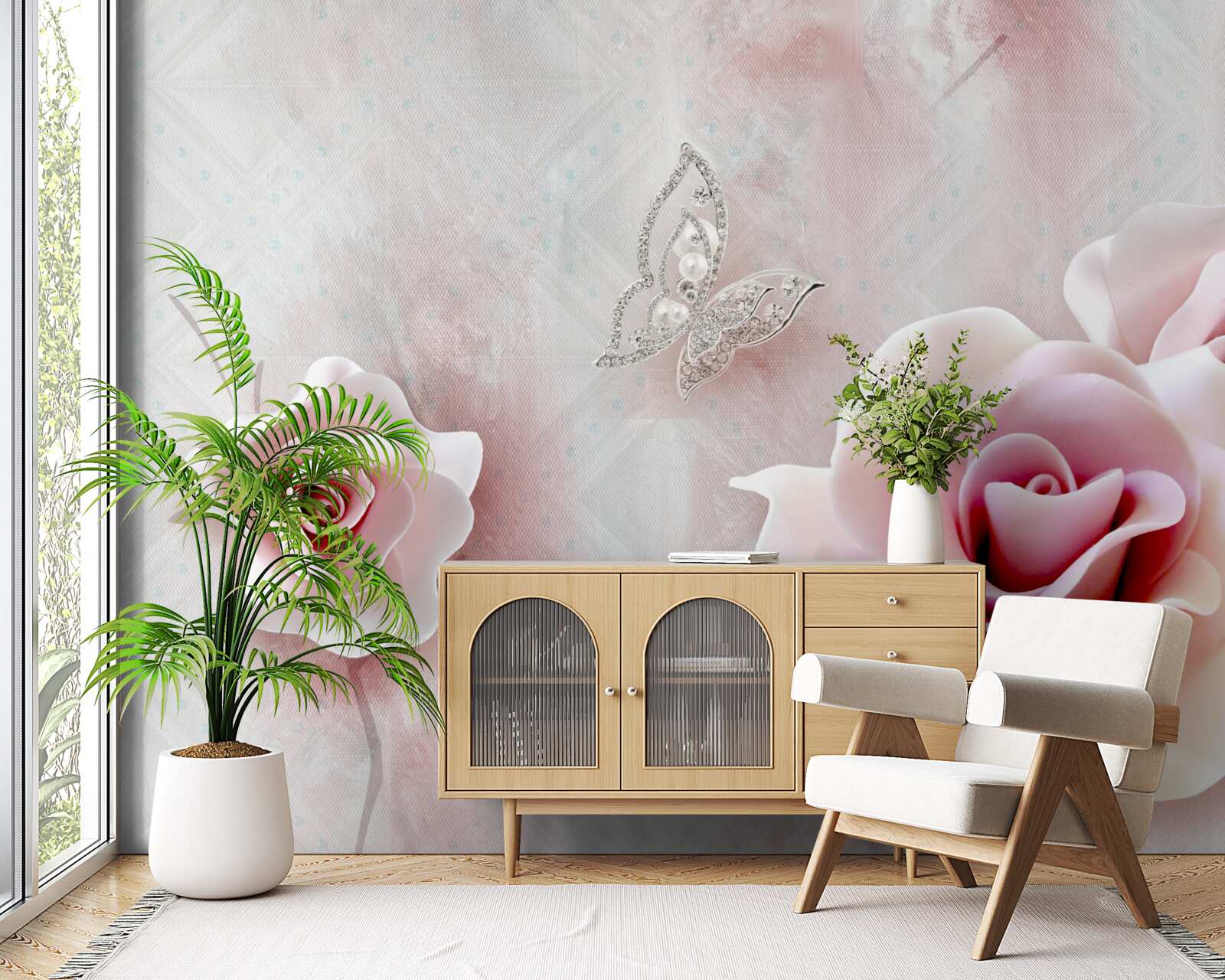 Fototapet fluturi și boboci de trandafir