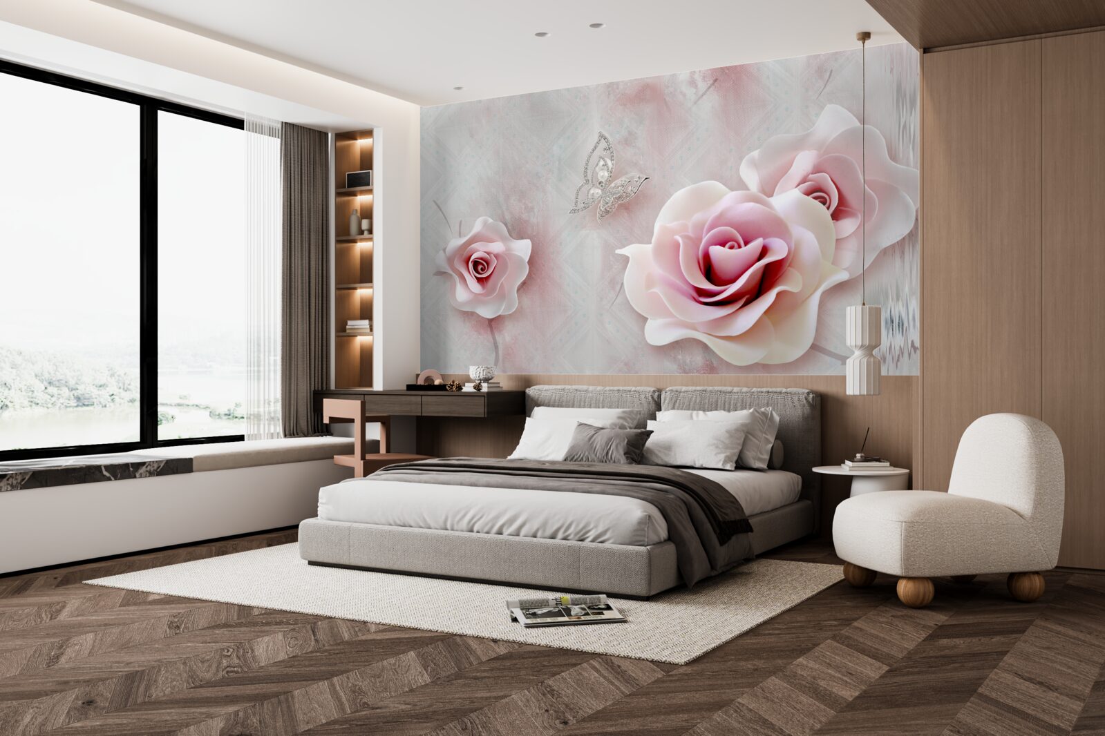 Fototapet fluturi și boboci de trandafir