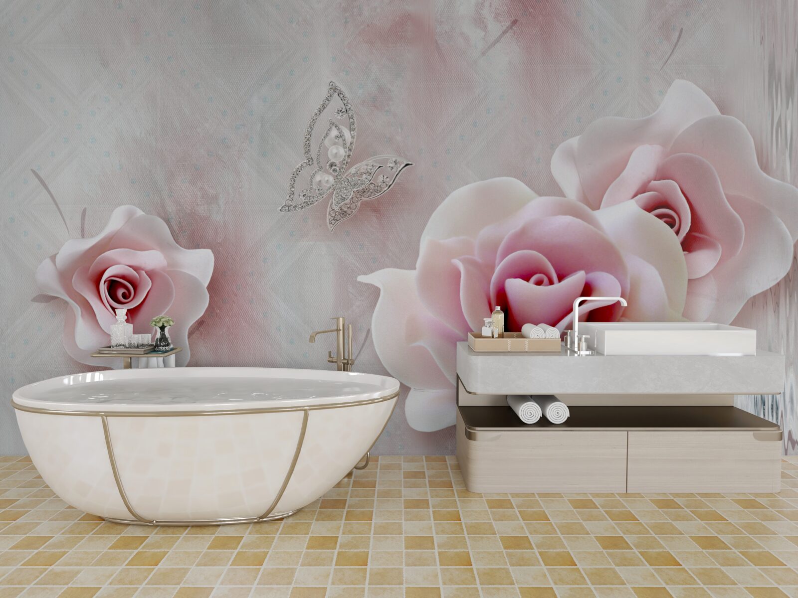 Fototapet fluturi și boboci de trandafir