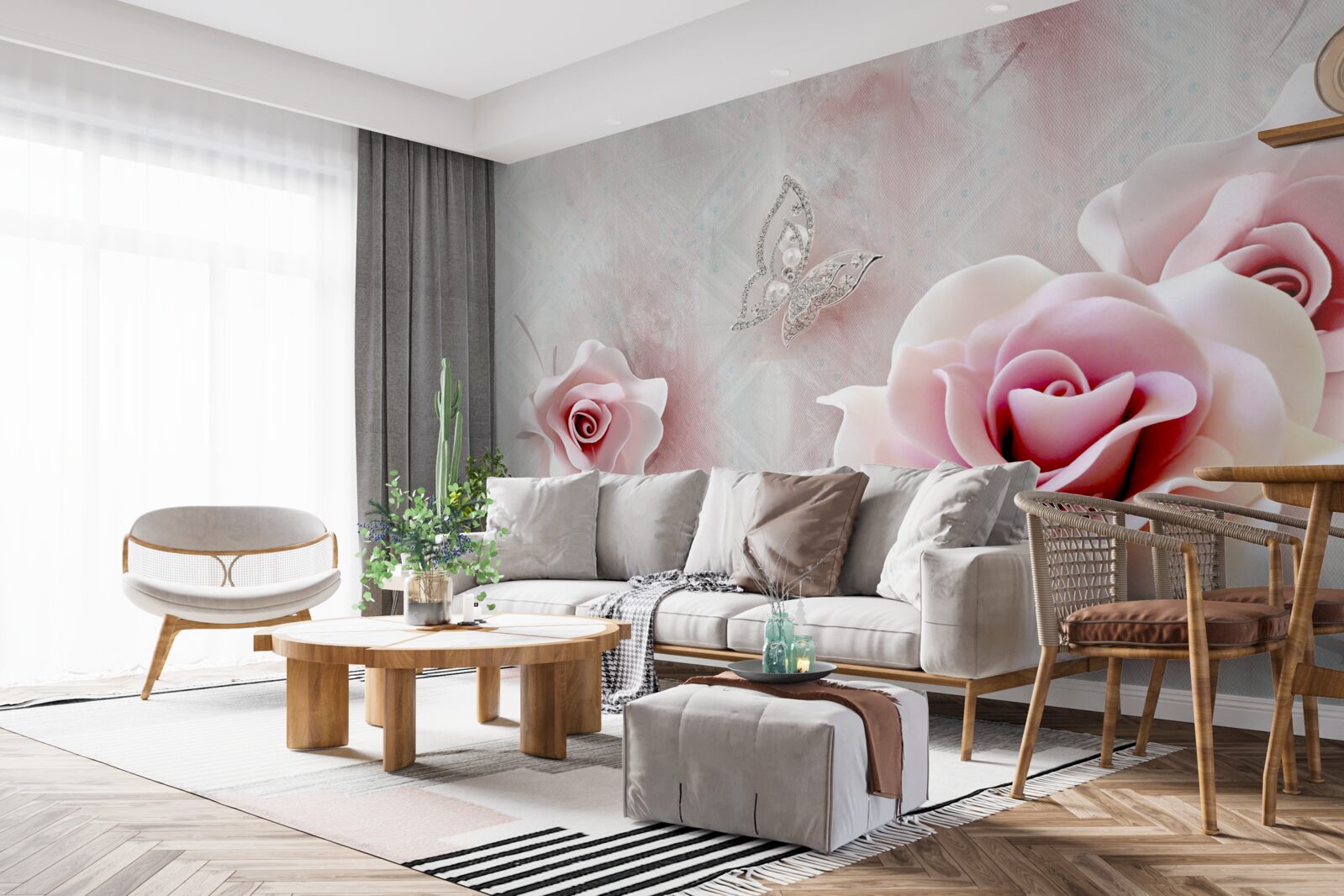 Fototapet fluturi și boboci de trandafir