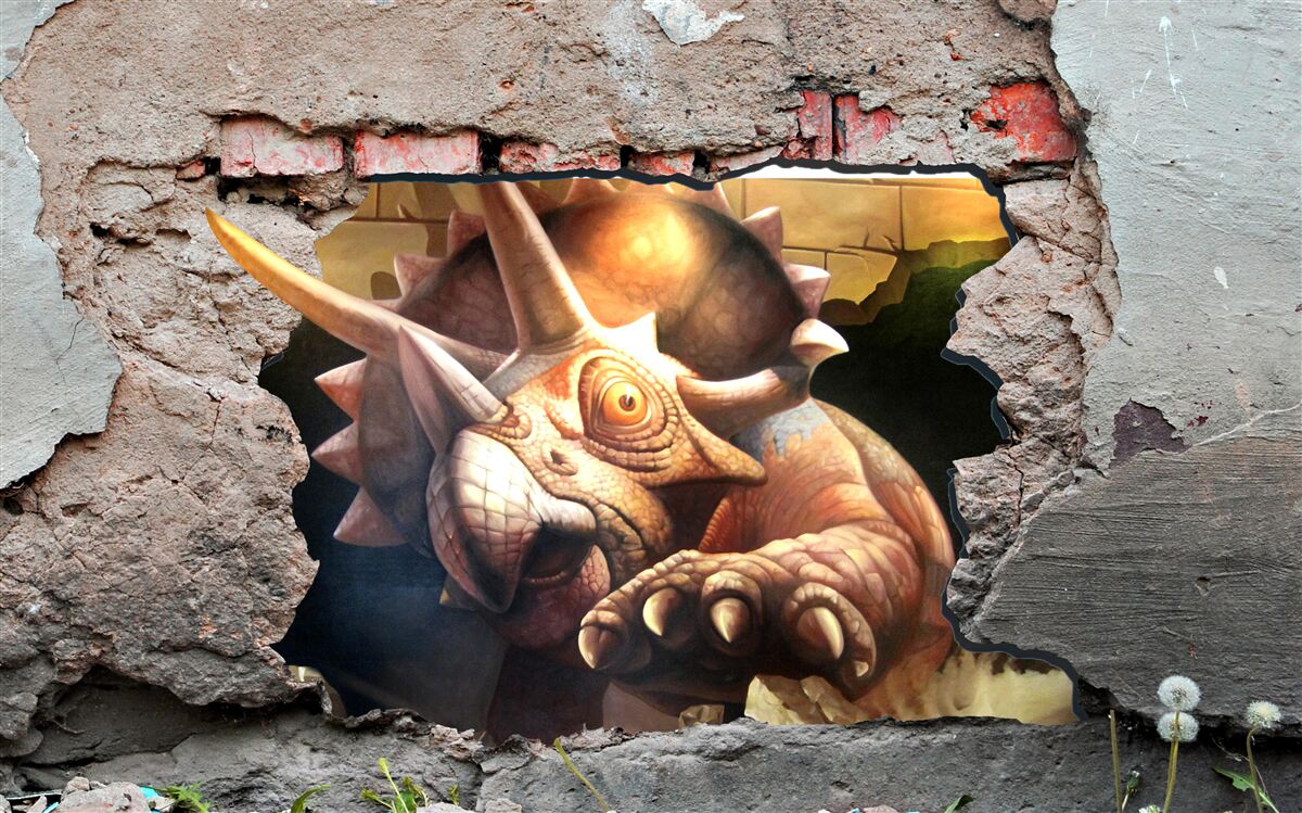 Fototapet dinozaurul depășește obstacolul unui zid de piatră