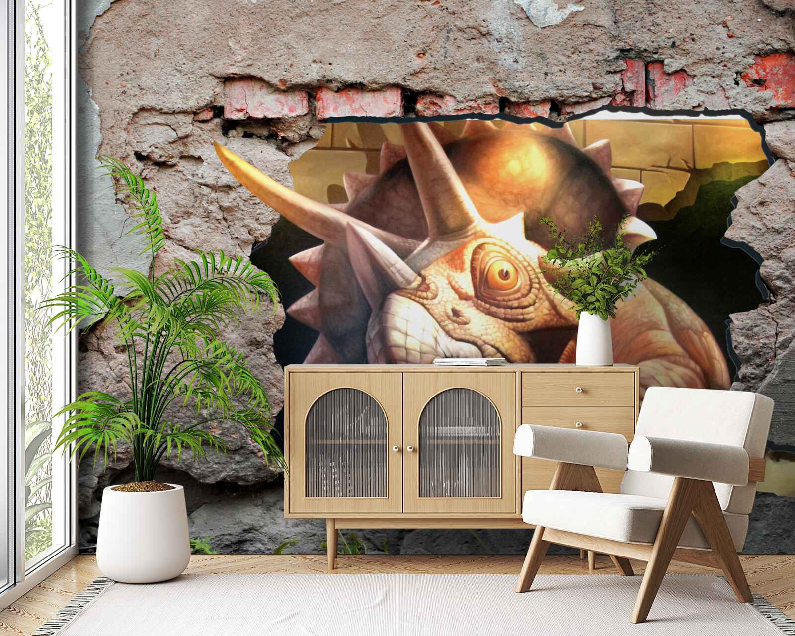 Fototapet dinozaurul depășește obstacolul unui zid de piatră