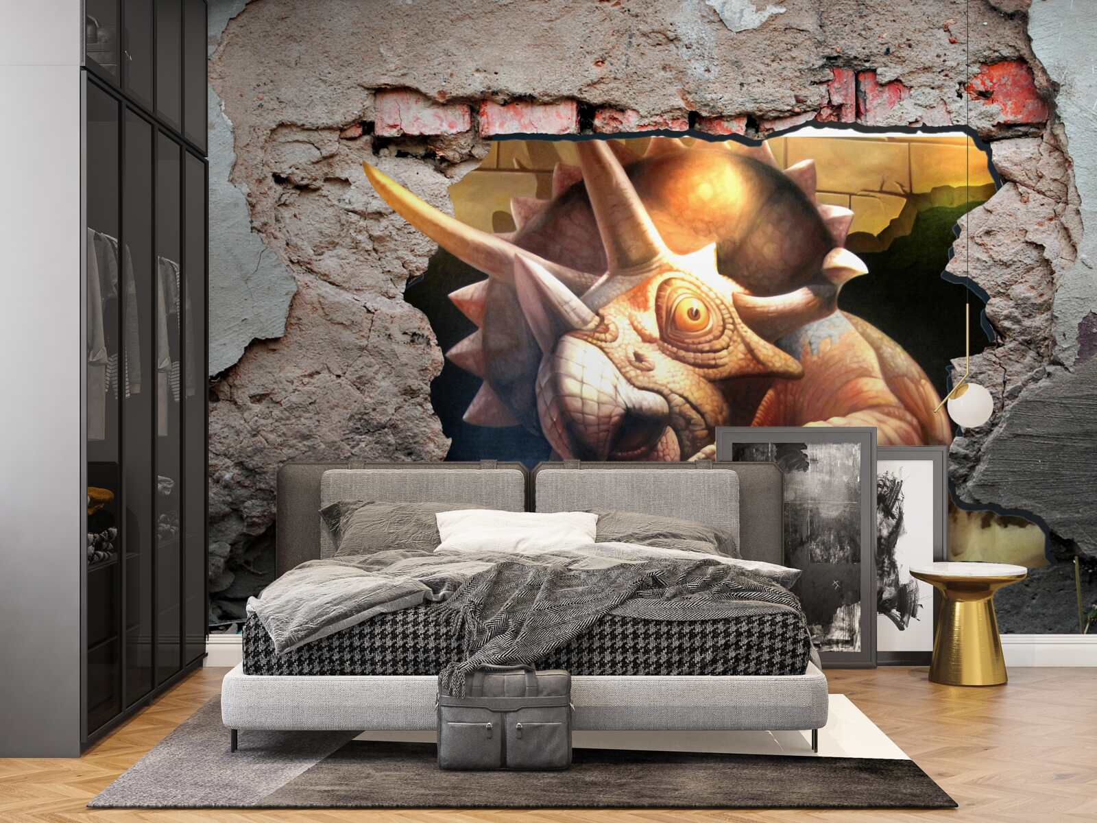 Fototapet dinozaurul depășește obstacolul unui zid de piatră