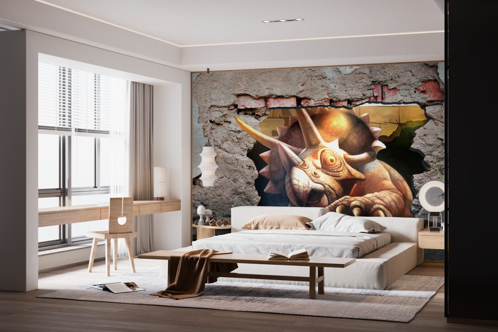 Fototapet dinozaurul depășește obstacolul unui zid de piatră