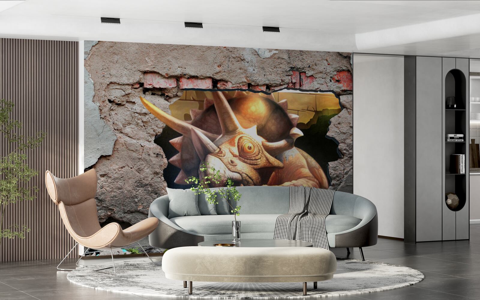 Fototapet dinozaurul depășește obstacolul unui zid de piatră