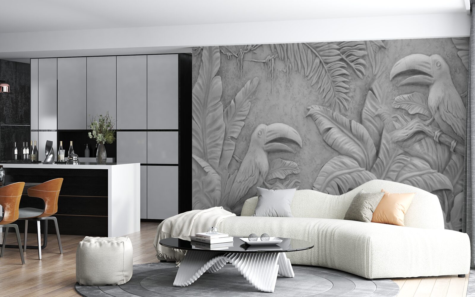 Fototapet basorelief păsări tropicale în pădure