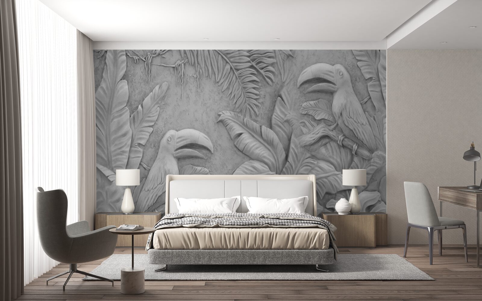 Fototapet basorelief păsări tropicale în pădure