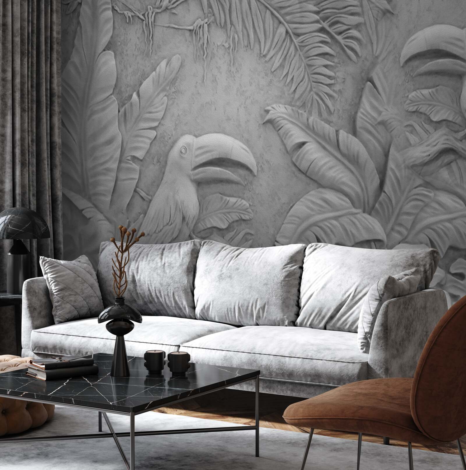 Fototapet basorelief păsări tropicale în pădure