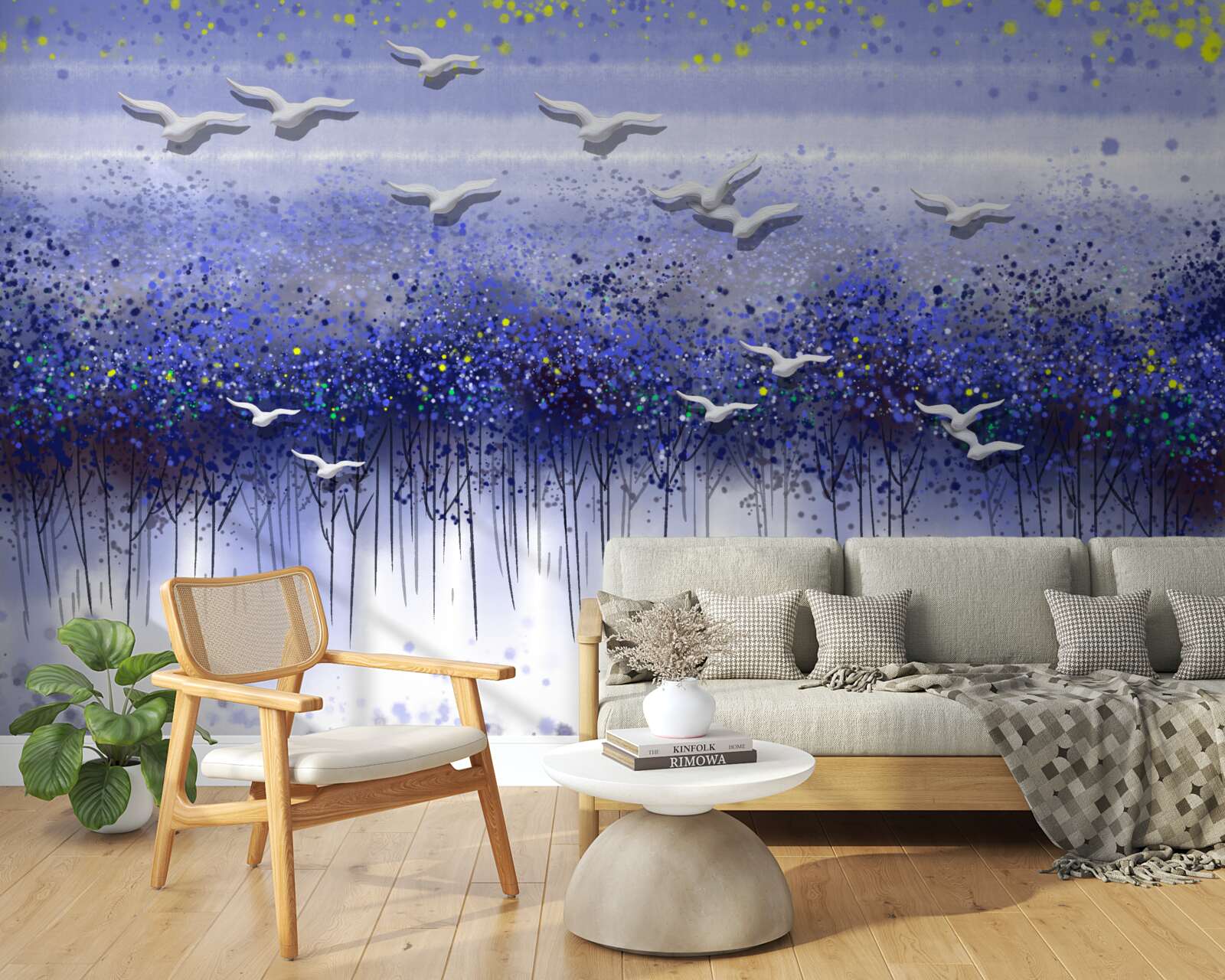 Fototapet un grup de păsări pe cerul de deasupra pădurii și a lacului, cufundat în amurg