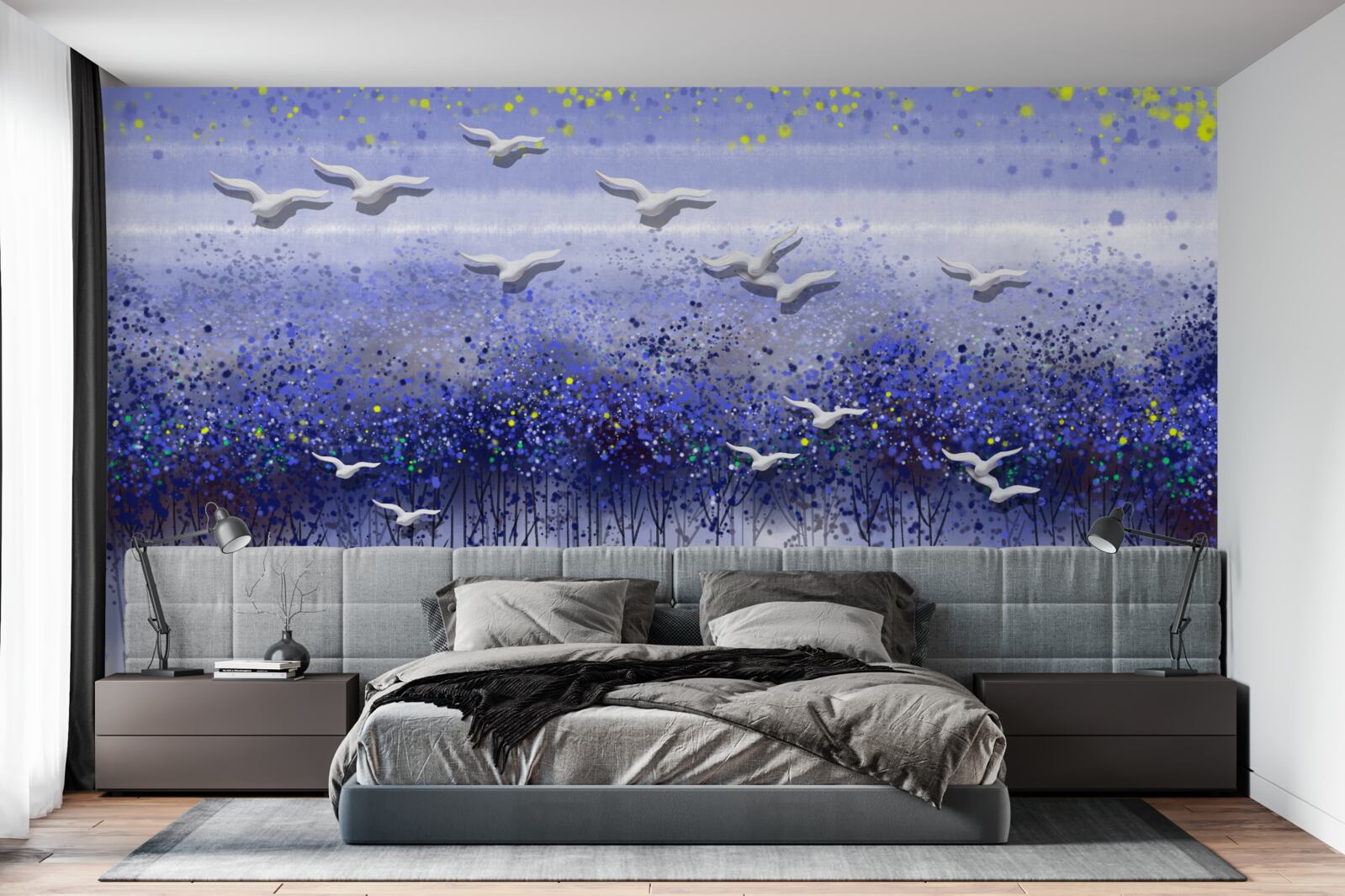 Fototapet un grup de păsări pe cerul de deasupra pădurii și a lacului, cufundat în amurg