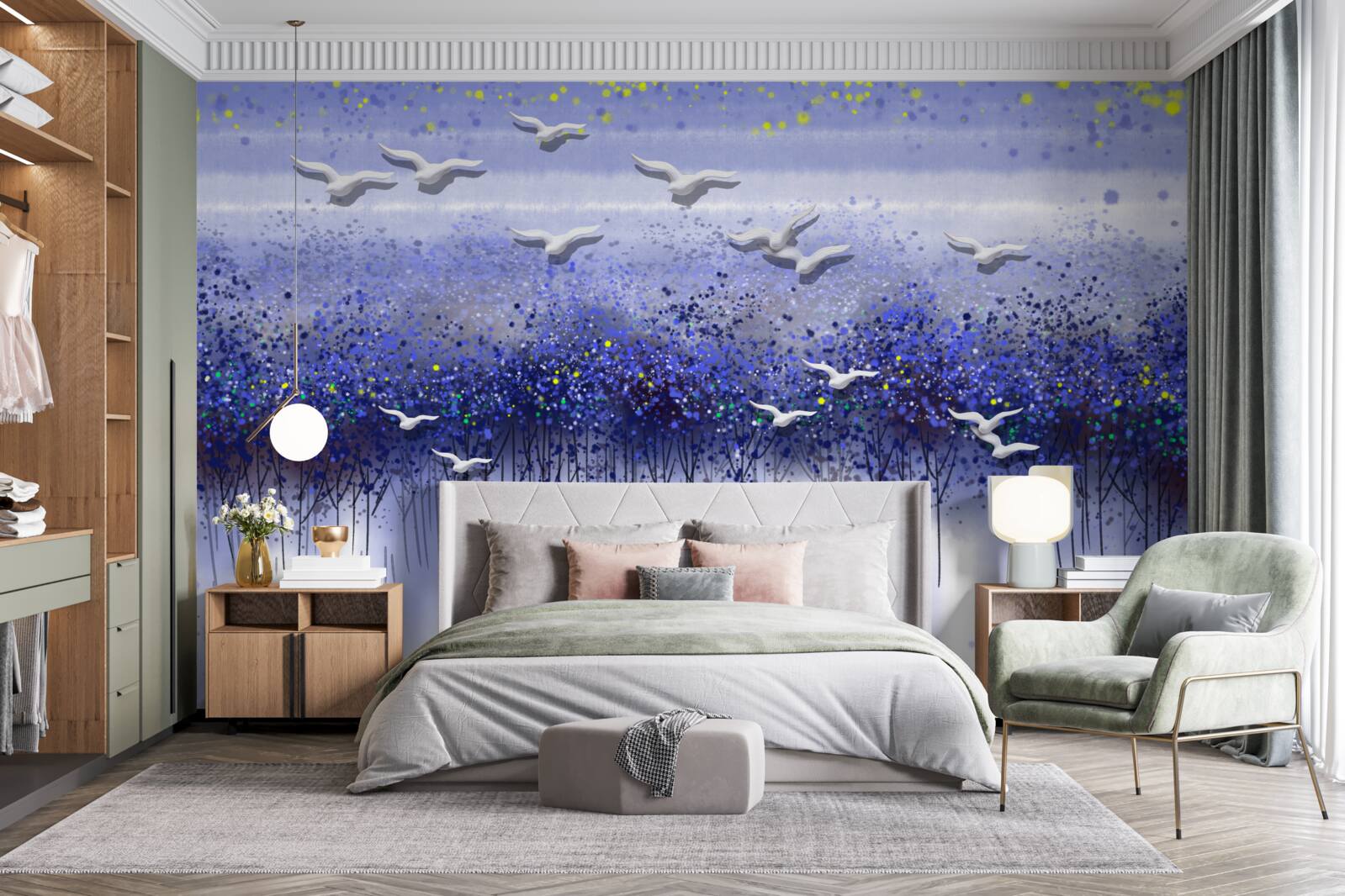 Fototapet un grup de păsări pe cerul de deasupra pădurii și a lacului, cufundat în amurg