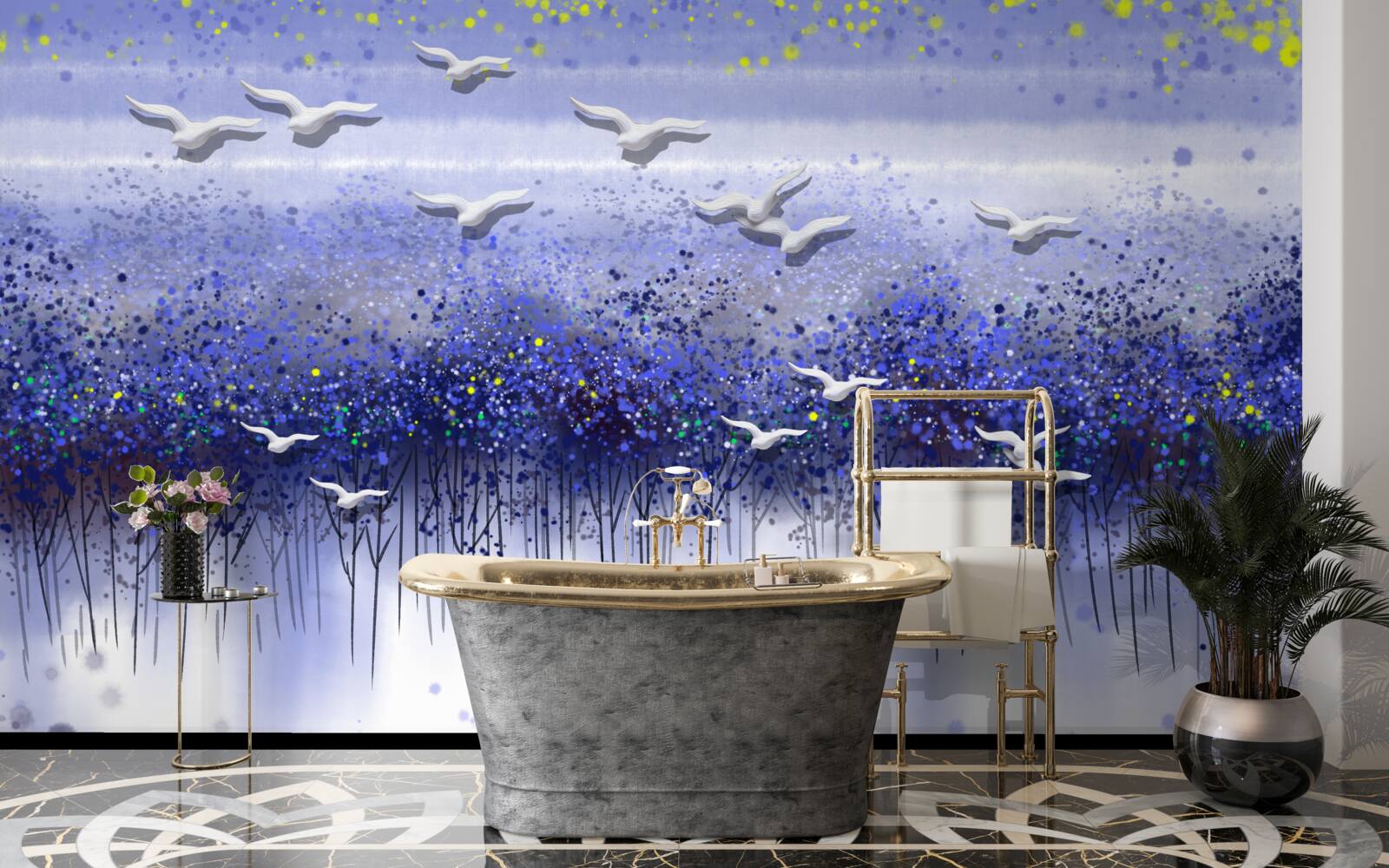 Fototapet un grup de păsări pe cerul de deasupra pădurii și a lacului, cufundat în amurg