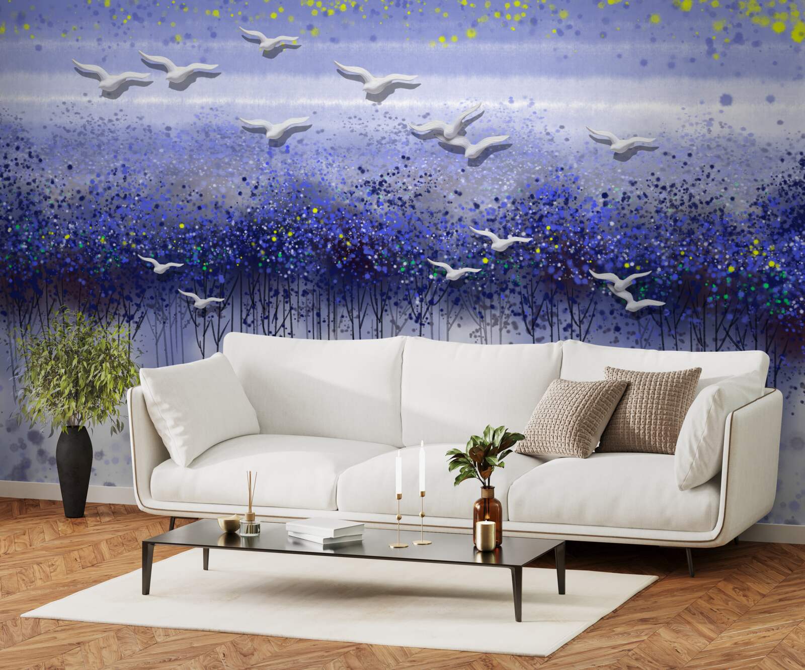 Fototapet un grup de păsări pe cerul de deasupra pădurii și a lacului, cufundat în amurg