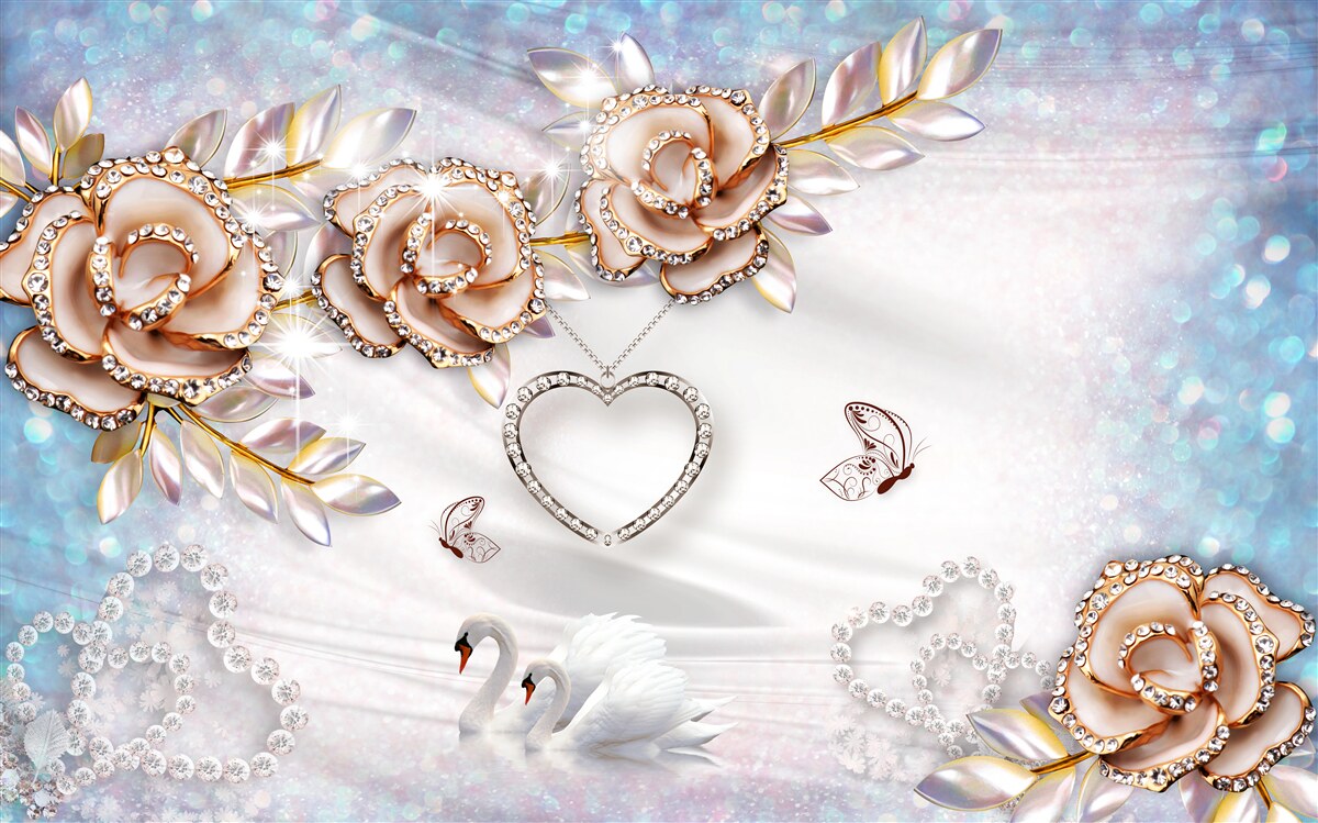 Fototapet ramuri de flori sclipitoare de aur și lebede albe ca zăpada