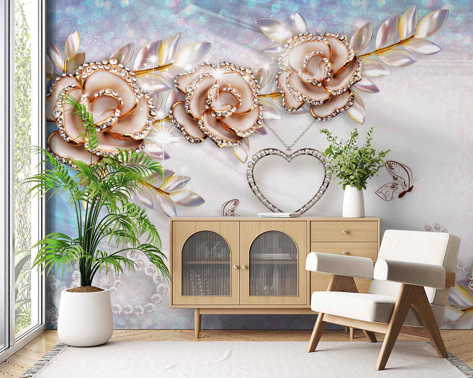 Fototapet ramuri de flori sclipitoare de aur și lebede albe ca zăpada