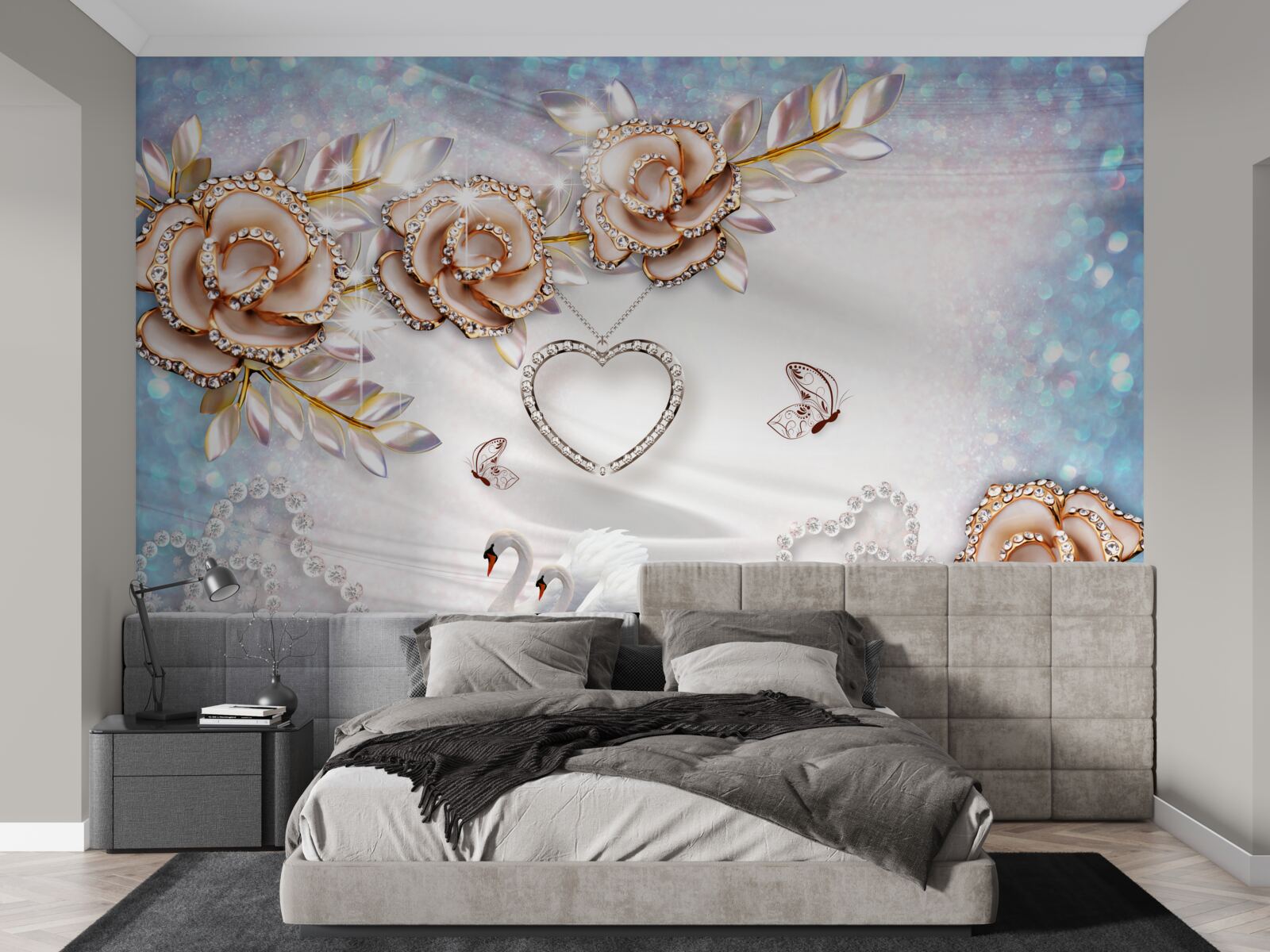 Fototapet ramuri de flori sclipitoare de aur și lebede albe ca zăpada