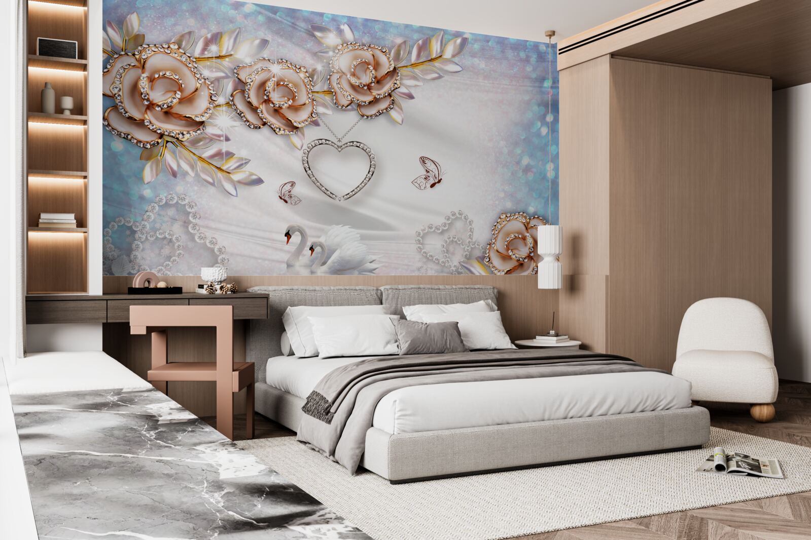 Fototapet ramuri de flori sclipitoare de aur și lebede albe ca zăpada