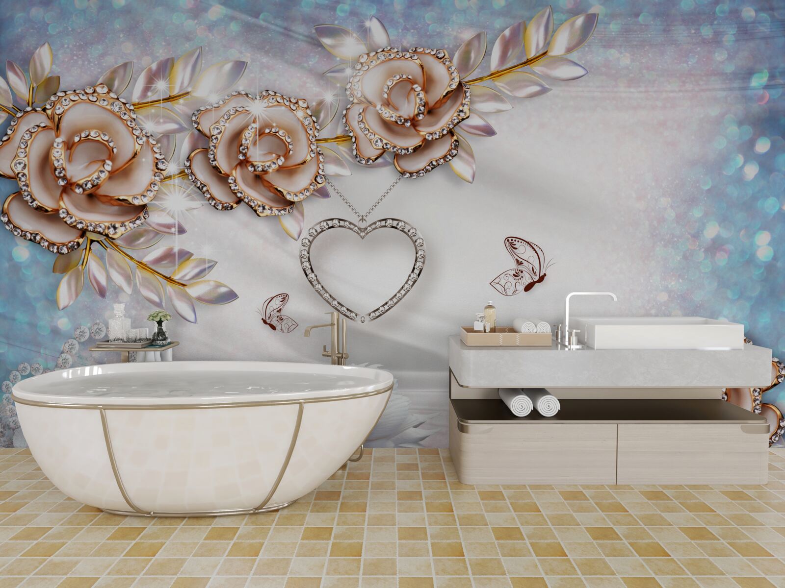 Fototapet ramuri de flori sclipitoare de aur și lebede albe ca zăpada