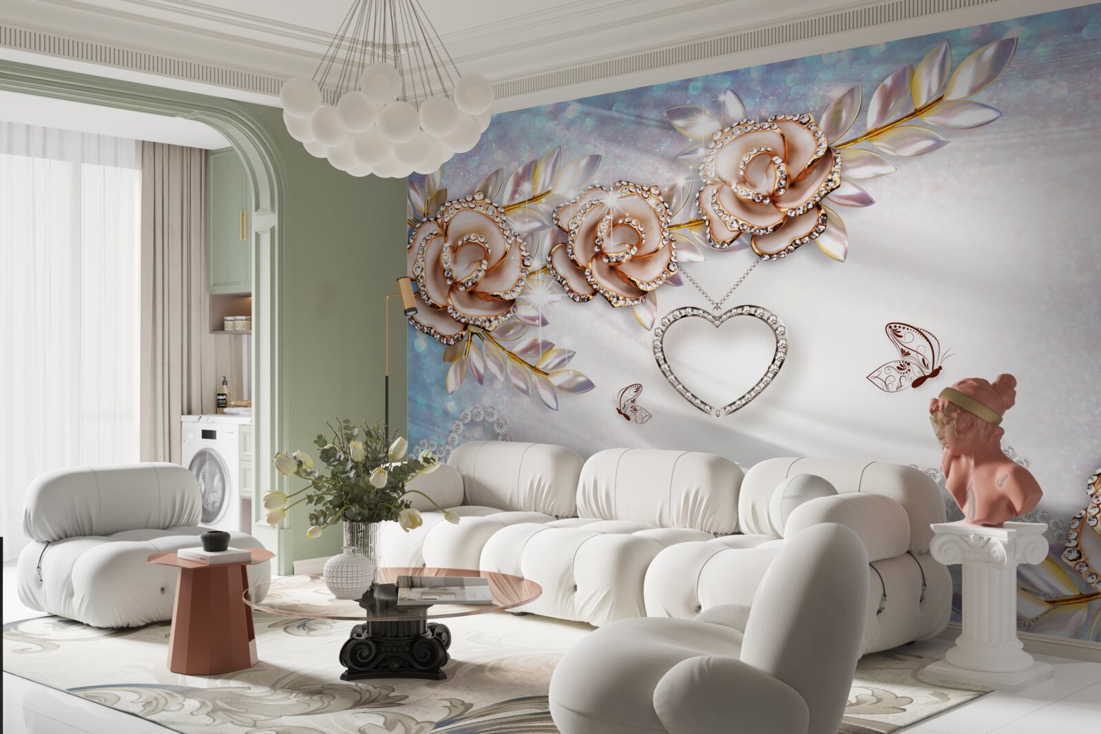 Fototapet ramuri de flori sclipitoare de aur și lebede albe ca zăpada