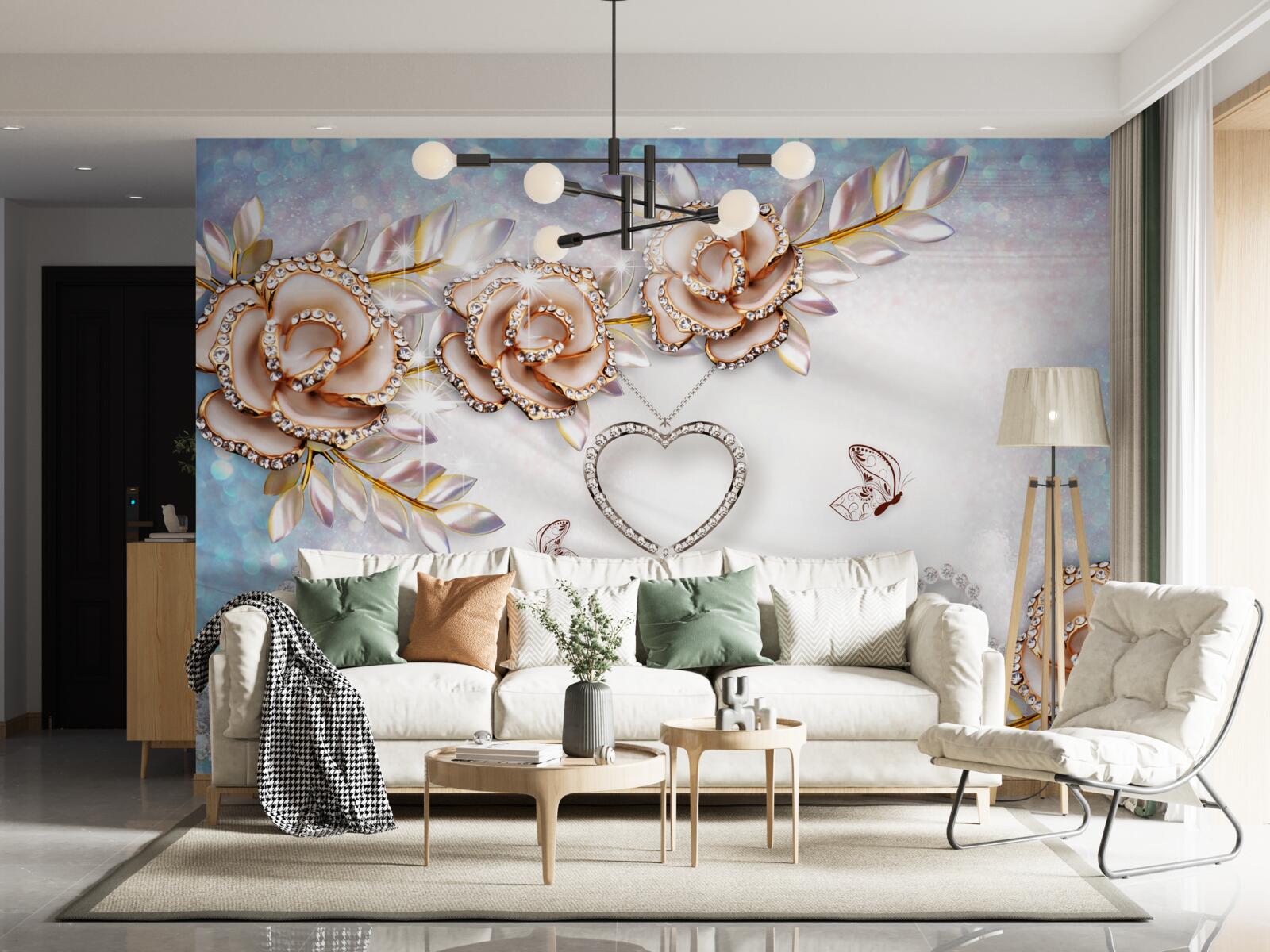 Fototapet ramuri de flori sclipitoare de aur și lebede albe ca zăpada