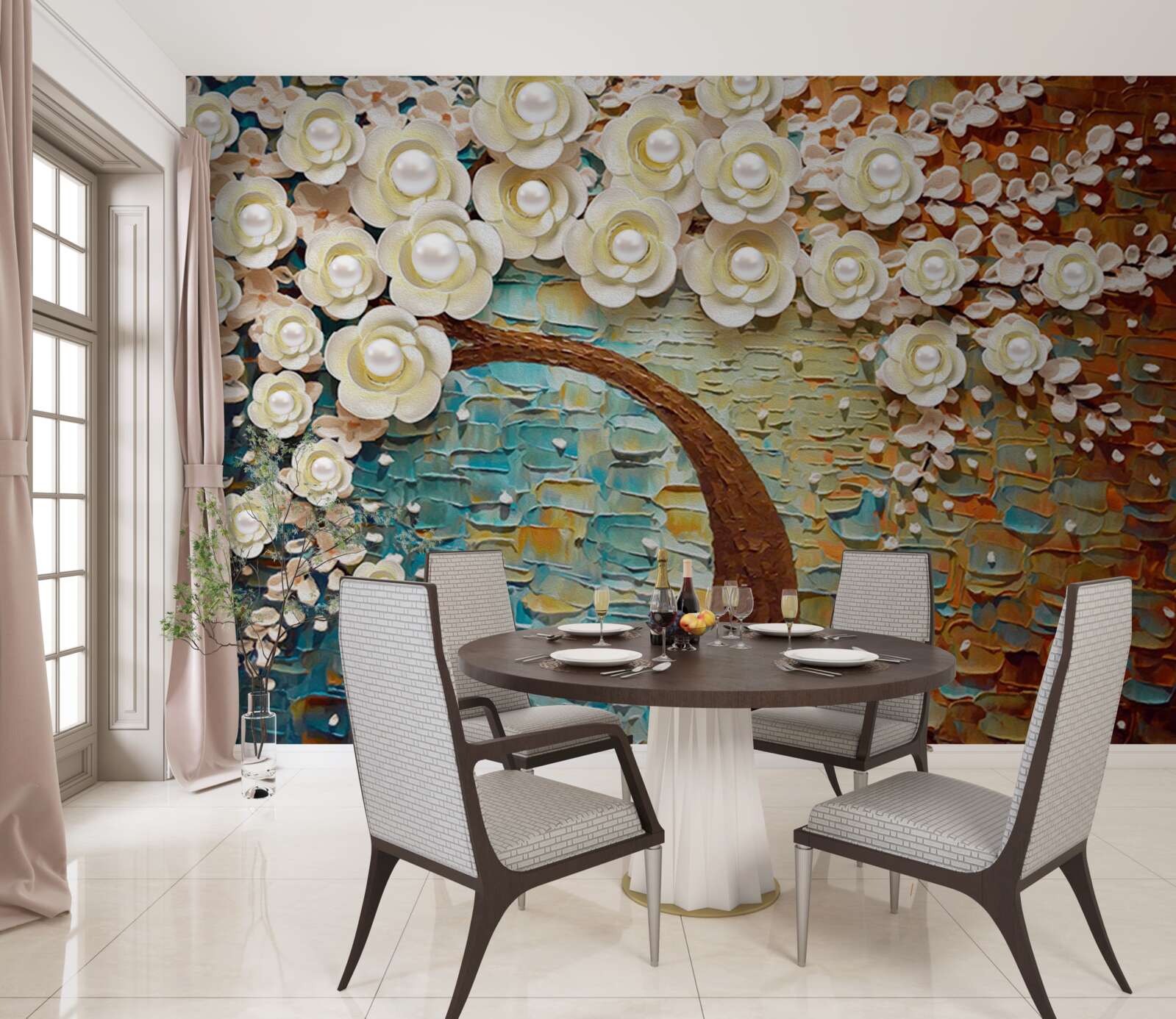 Fototapet copac cu flori albe ca perla