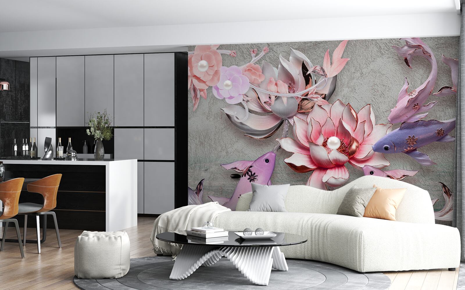 Fototapet scena lacului cu lotusi si pesti