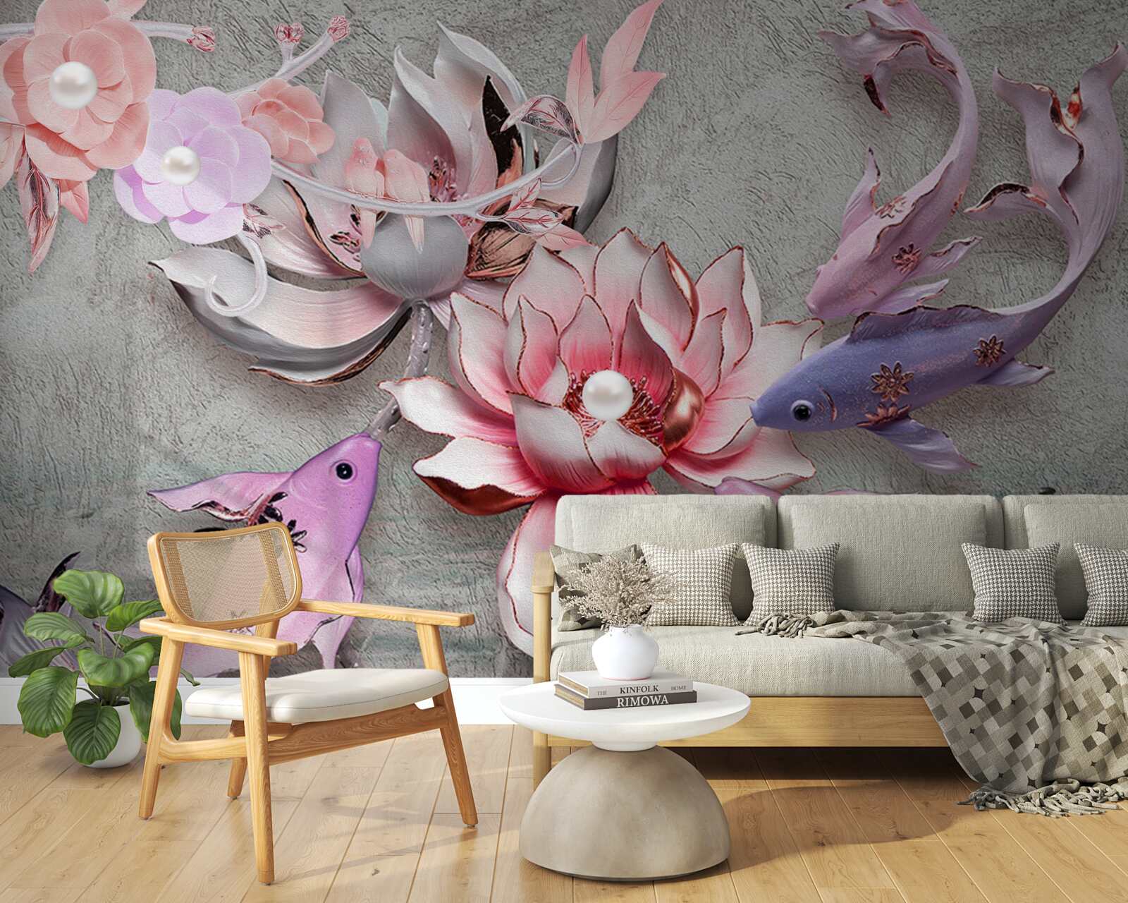 Fototapet scena lacului cu lotusi si pesti