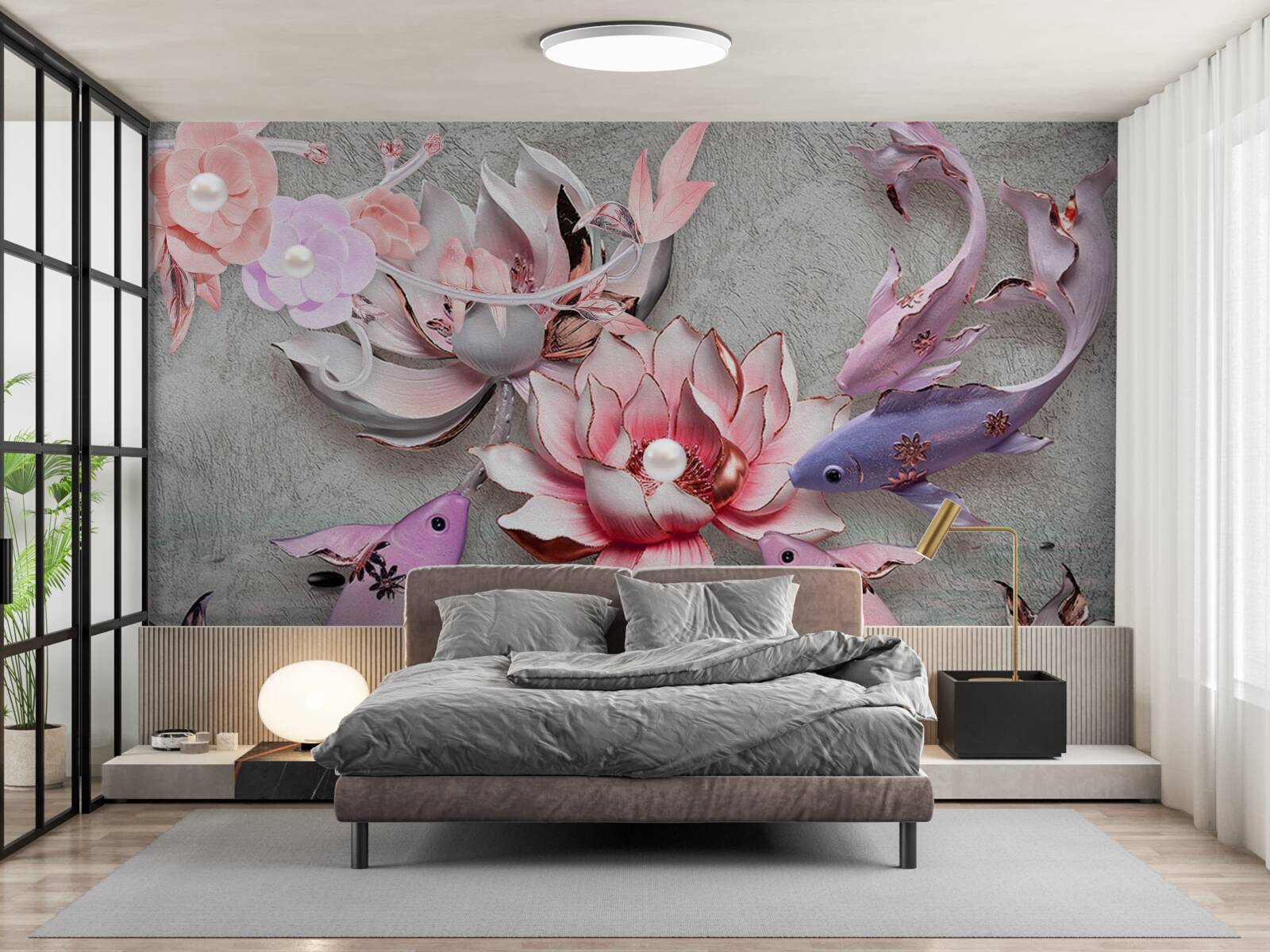 Fototapet scena lacului cu lotusi si pesti