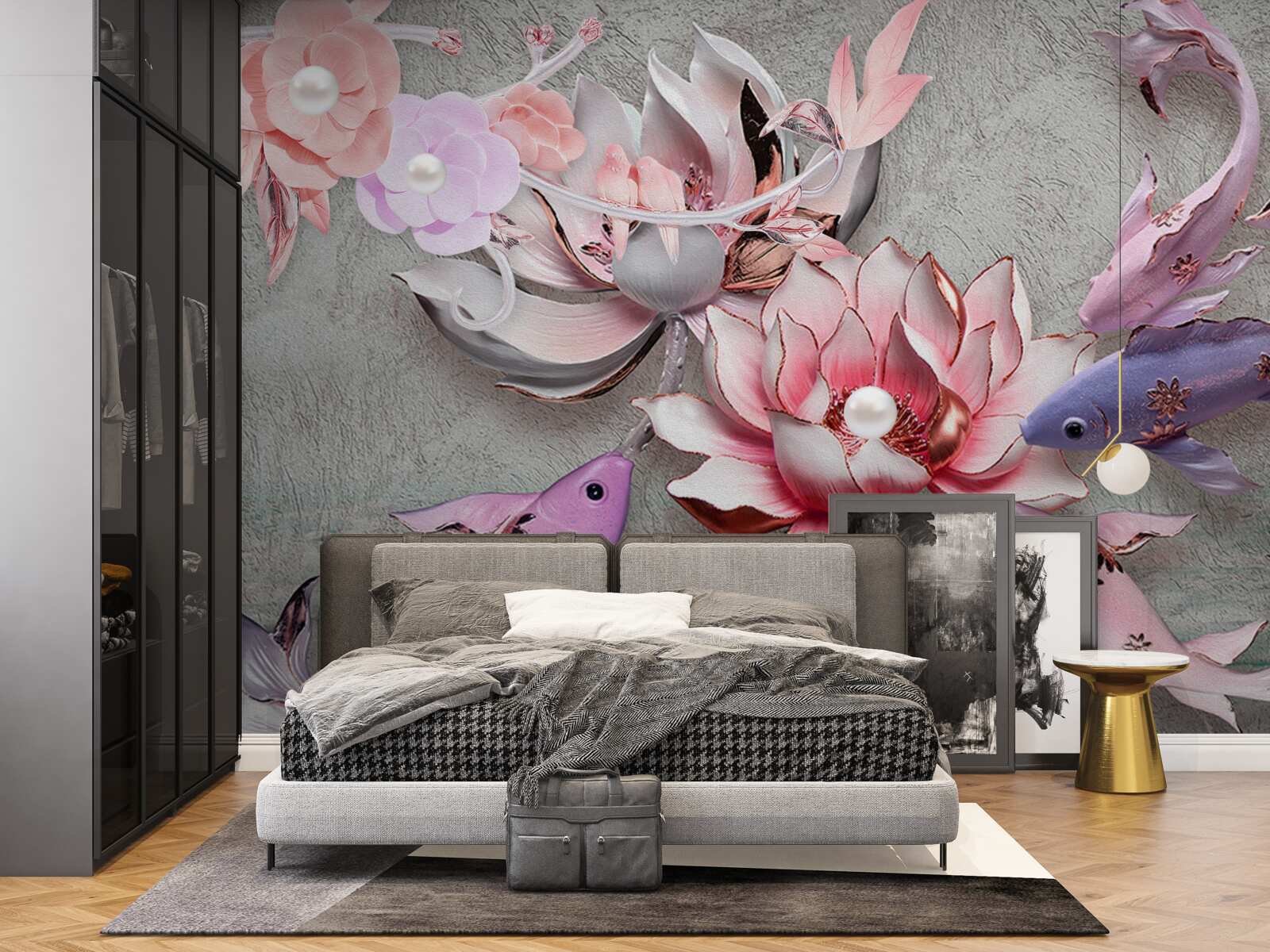 Fototapet scena lacului cu lotusi si pesti