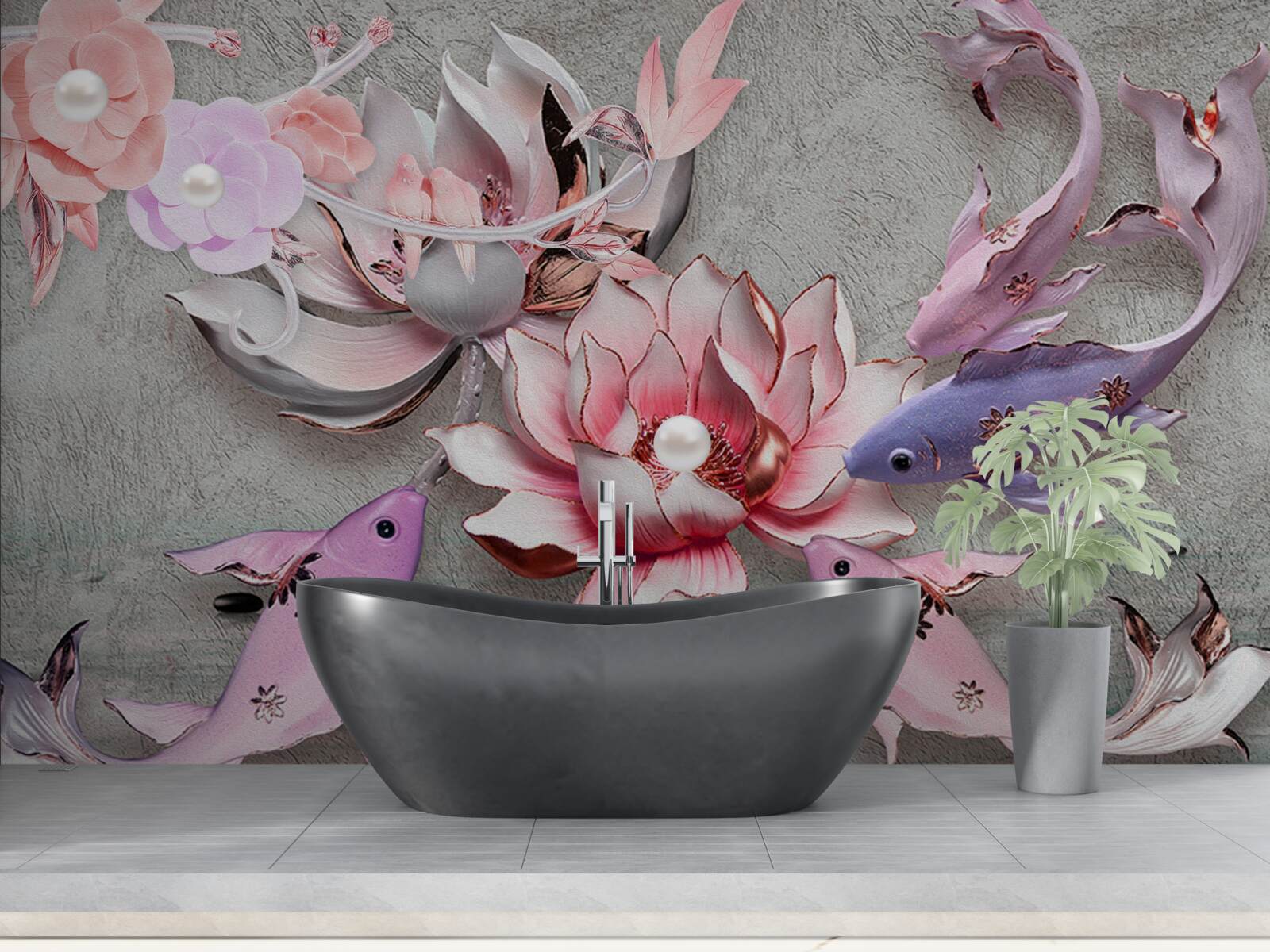 Fototapet scena lacului cu lotusi si pesti