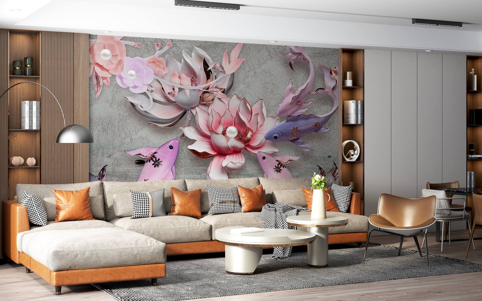 Fototapet scena lacului cu lotusi si pesti