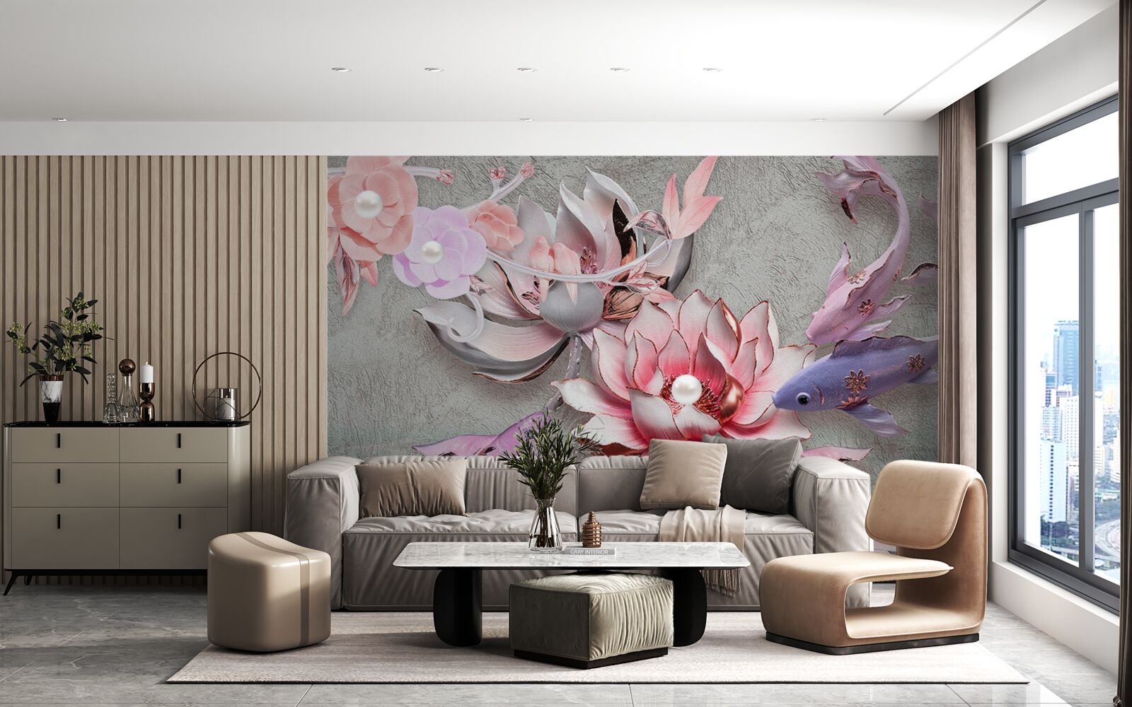 Fototapet scena lacului cu lotusi si pesti