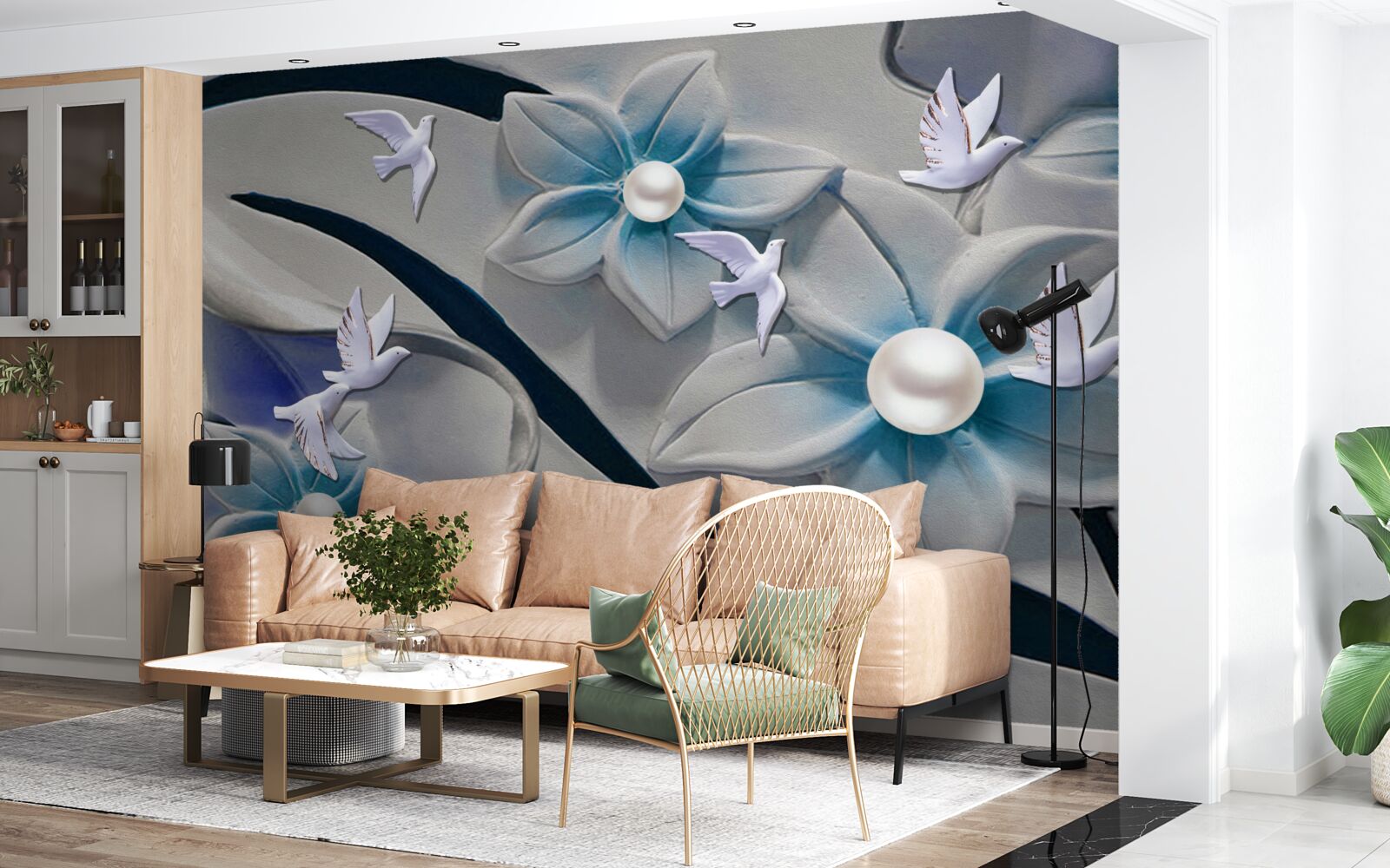 Fototapet flori albe ca zăpada cu perle, decorate cu fluturi