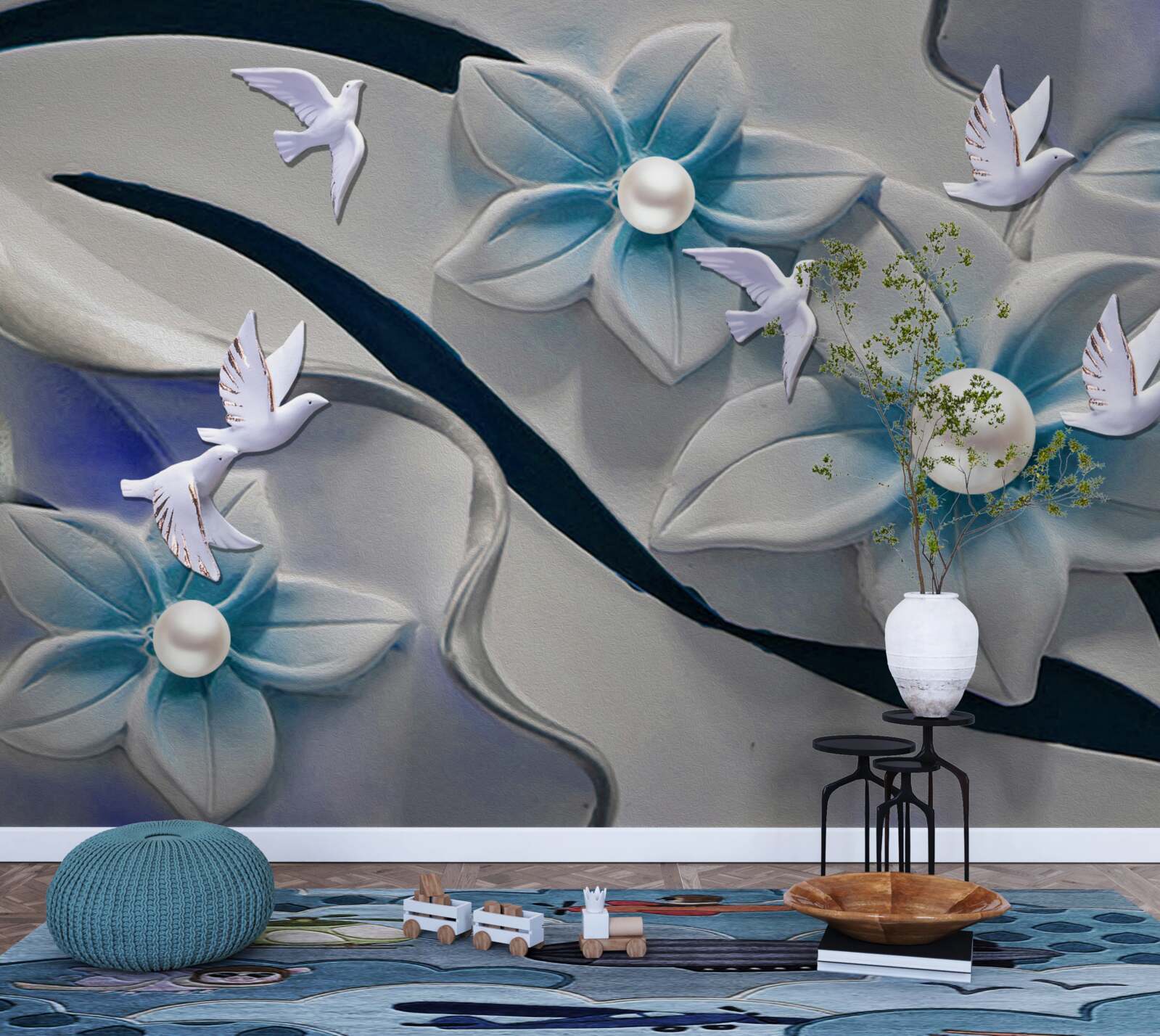 Fototapet flori albe ca zăpada cu perle, decorate cu fluturi