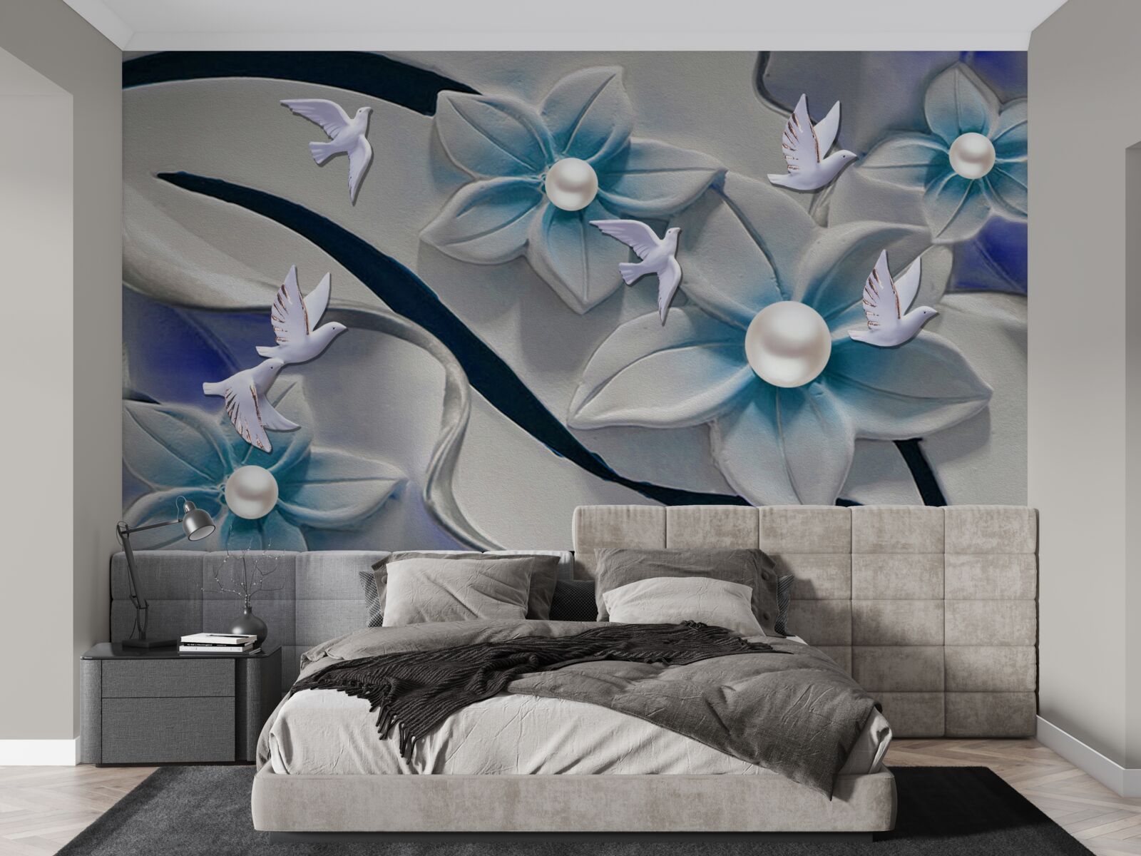 Fototapet flori albe ca zăpada cu perle, decorate cu fluturi