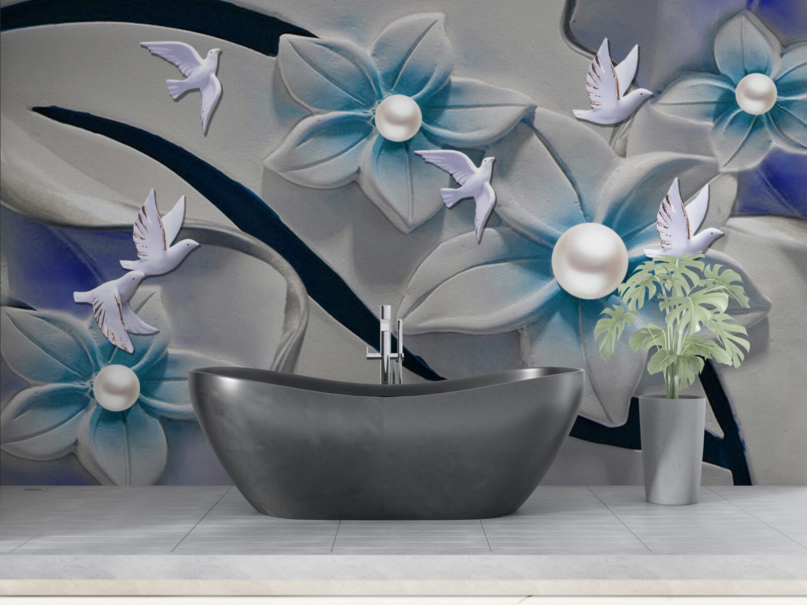 Fototapet flori albe ca zăpada cu perle, decorate cu fluturi