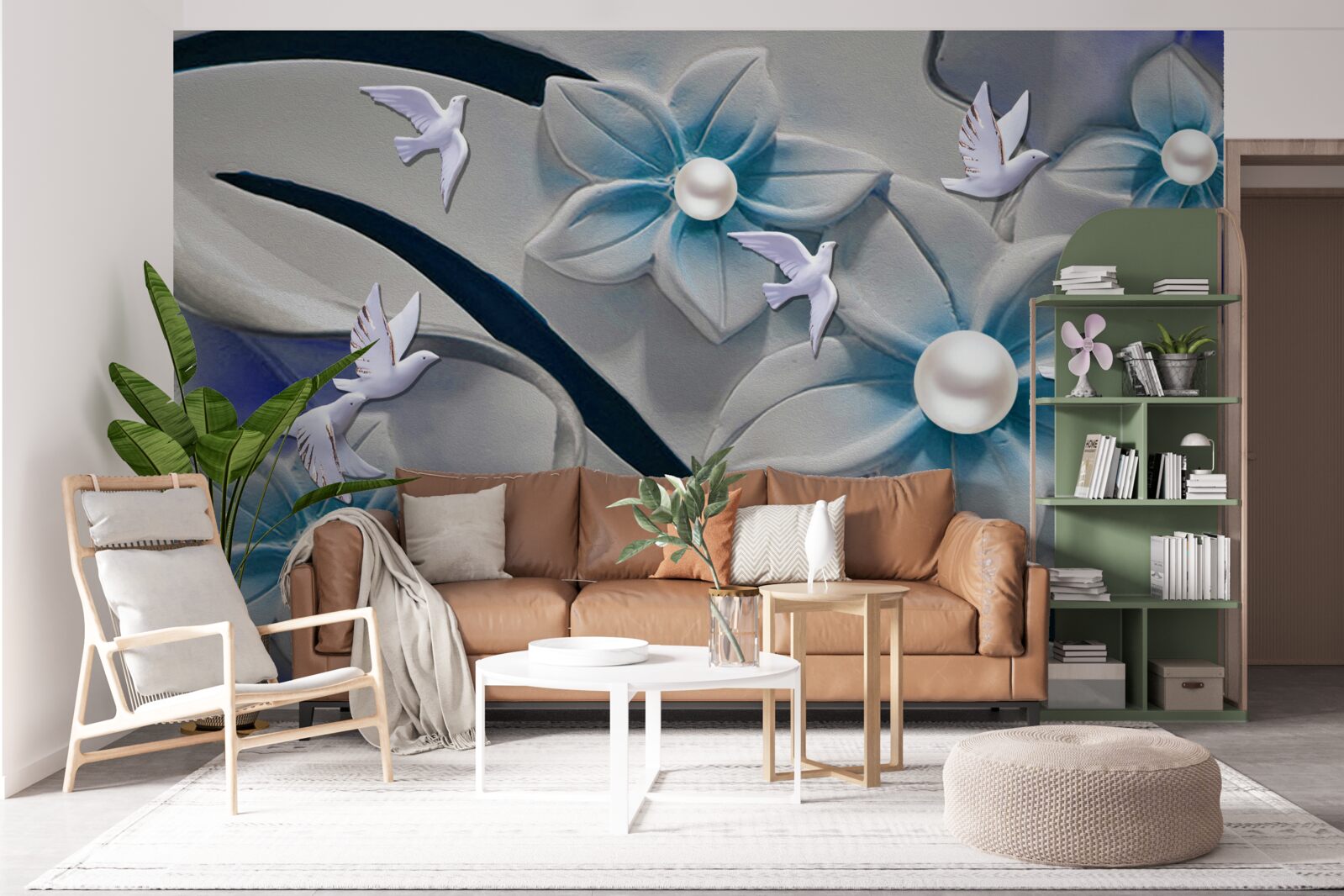 Fototapet flori albe ca zăpada cu perle, decorate cu fluturi