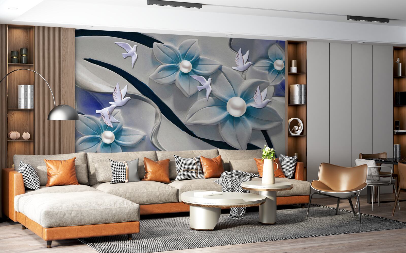 Fototapet flori albe ca zăpada cu perle, decorate cu fluturi