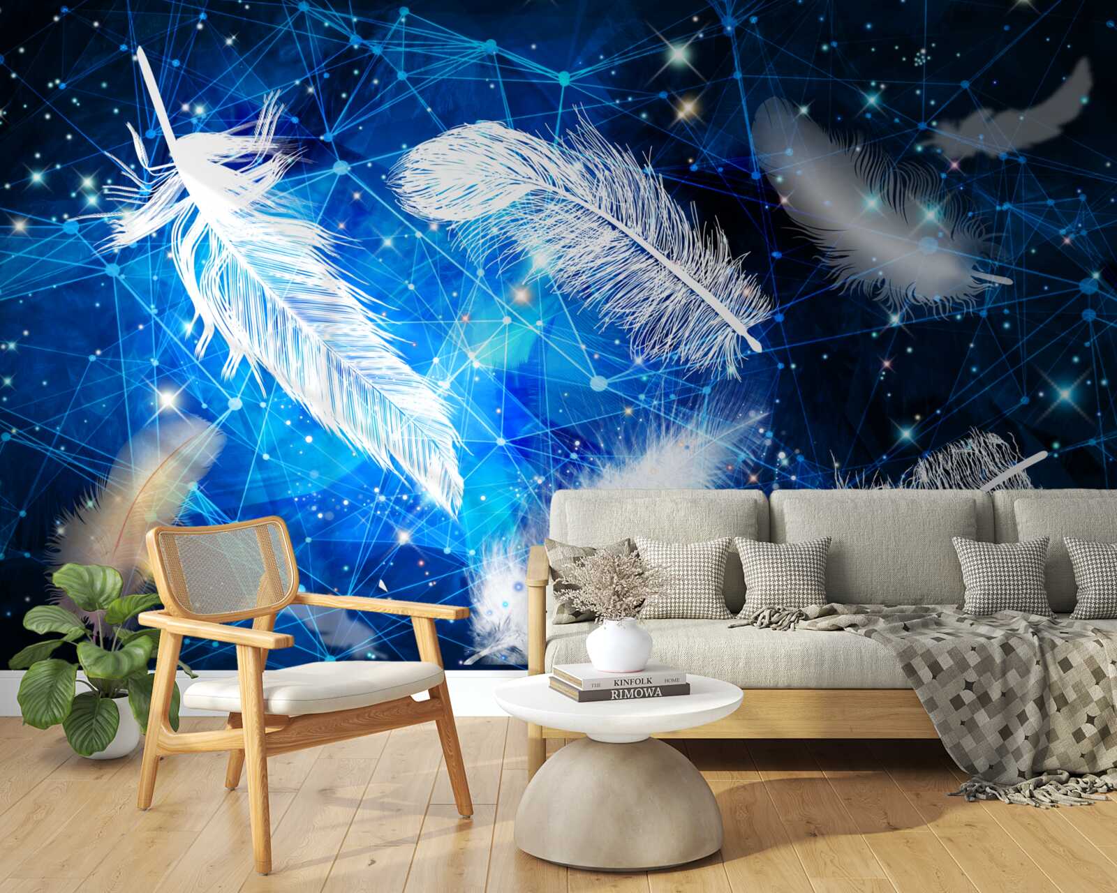 Fototapet cerul înstelat ca fundal pentru penele albe