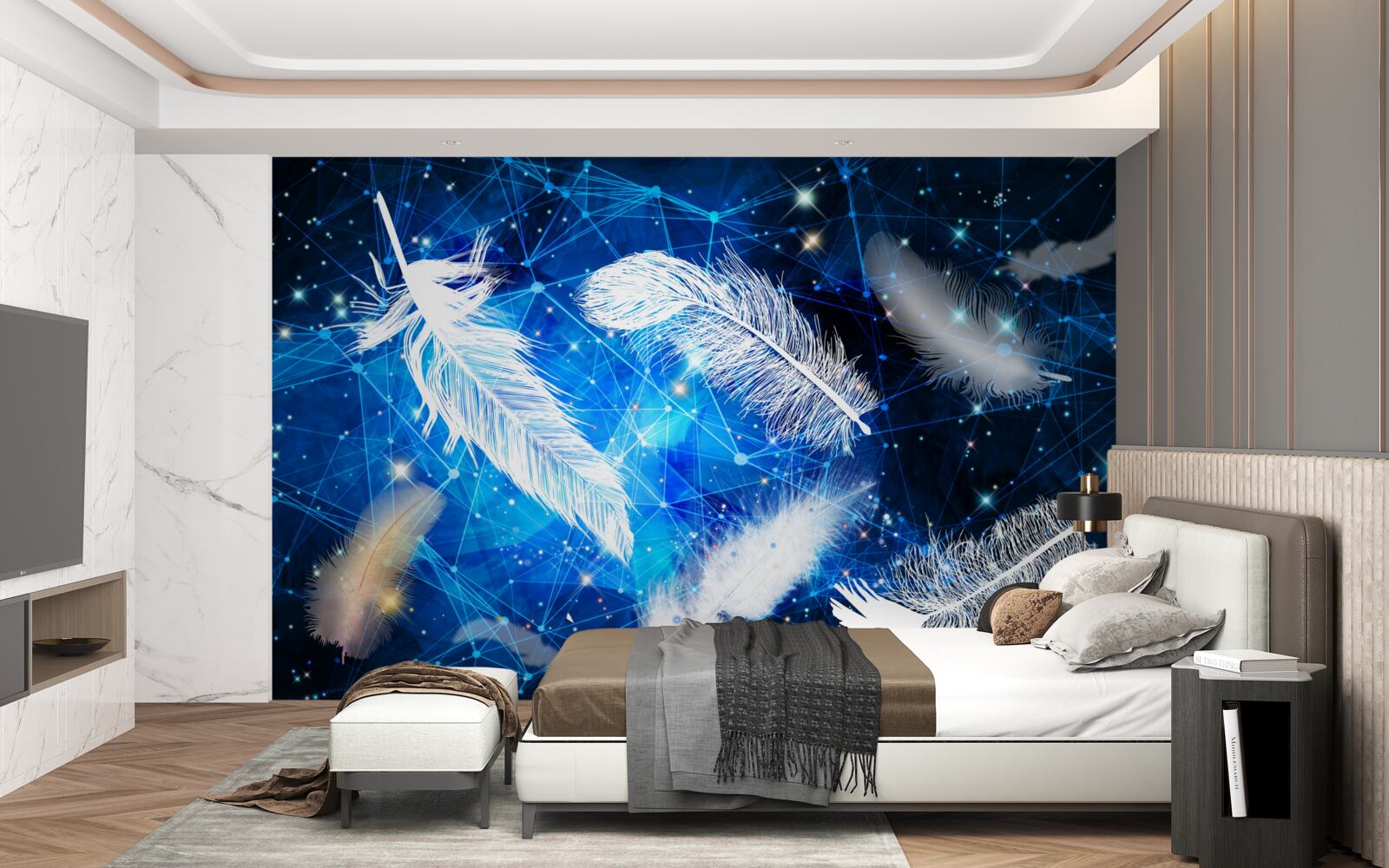 Fototapet cerul înstelat ca fundal pentru penele albe