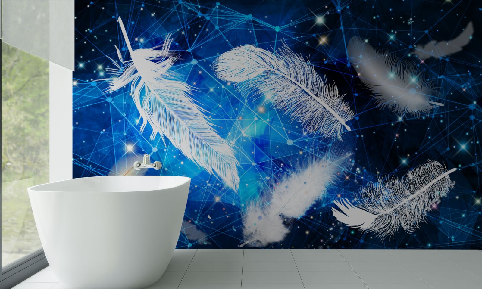 Fototapet cerul înstelat ca fundal pentru penele albe