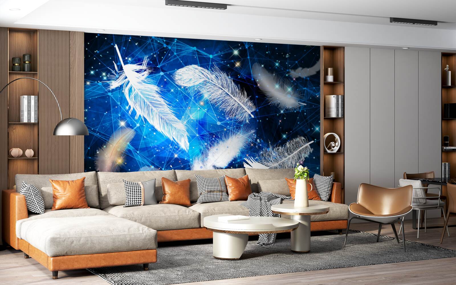 Fototapet cerul înstelat ca fundal pentru penele albe