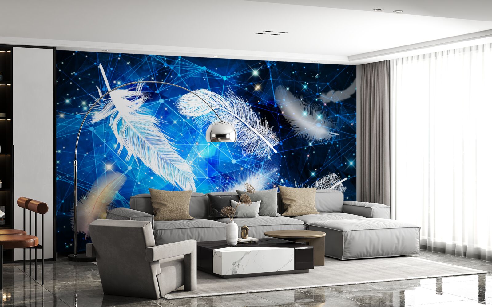 Fototapet cerul înstelat ca fundal pentru penele albe